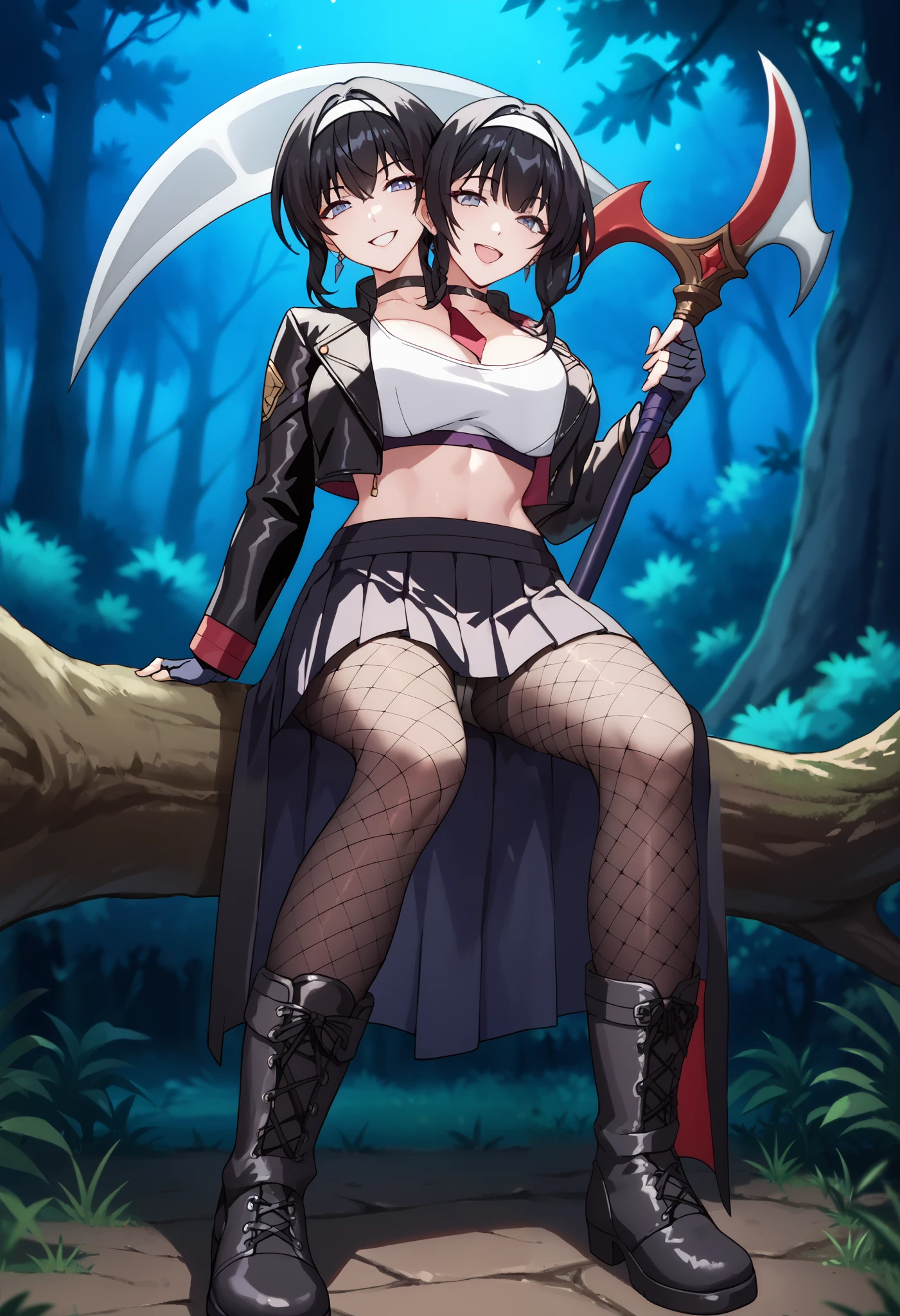 2heads, a tall thin woman with 2 heads, black hair, long red, eyes, black footwear, black gloves, leather jacket, black jacket, black crop top, black fingerless gloves, black pleated skirt, panty shots, black fishnet pantyhose, pantyhose, knee boots, peaceful but creepy smile, scythe standing next to, complex scythe, fantasy scythe, oen scythe, She is inside a dark forest, night, sitting on a tree, front shots, large breasts,