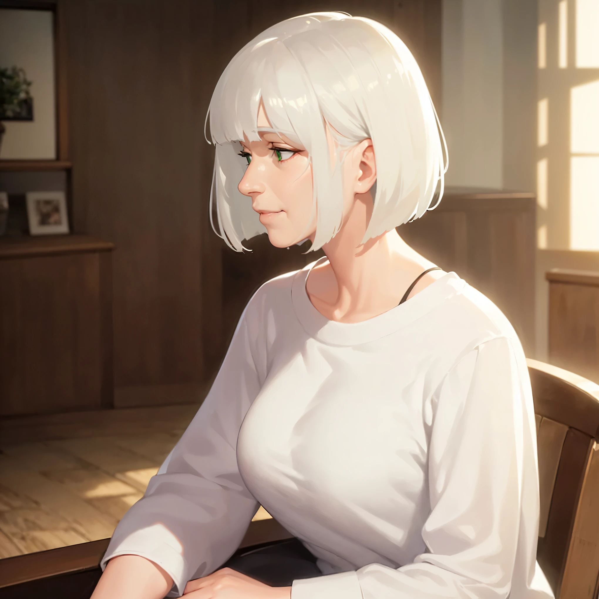 side angle, (looking away:1.5), Realistic, real person, RAW photo, photorealistic, portrait photography, shiny skin, white hair, bobcut hair with bangs, green eyes, (60-year-old grandmother), wearing a white blouse, smile, alone, sitting on rocking chair, inside the living room,