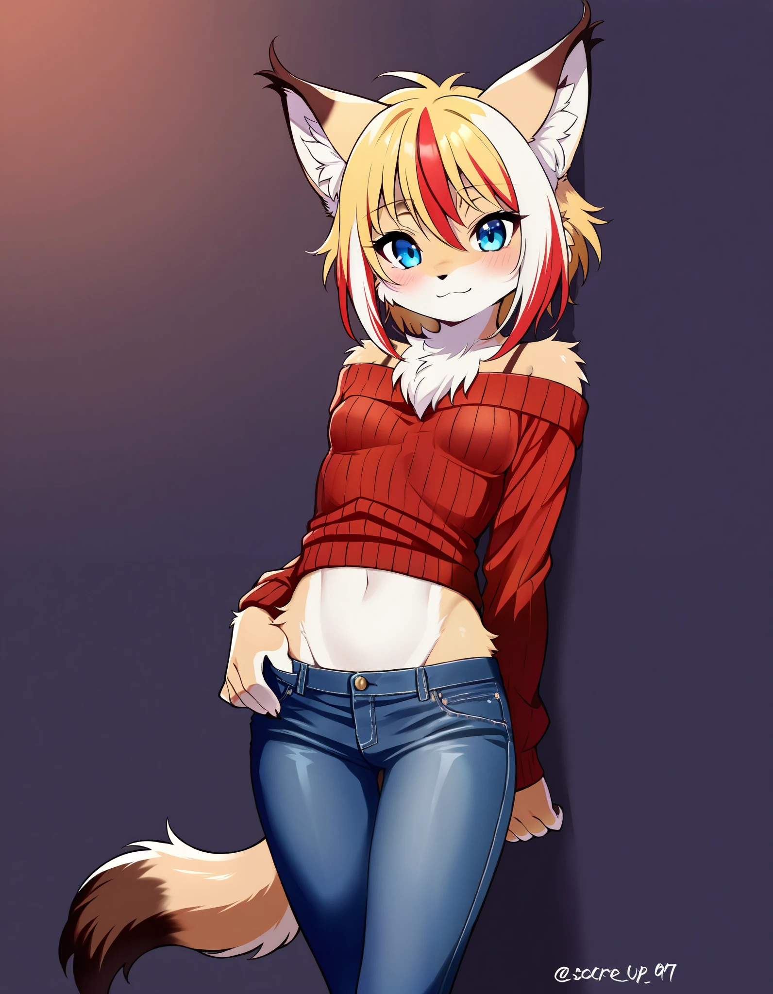 anime, 1girl, solo, digital_media_(artwork) hi_res,, beautiful, anthro, furry, female, furry female, detailed textured fur, fur tufts, lynx, slim, slender, small breasts, cute, sweater, denim jeans, multicolor hair, streaked hair, red blue blonde silver hair, blonde fur, beautiful blue eyes, smile, solo,