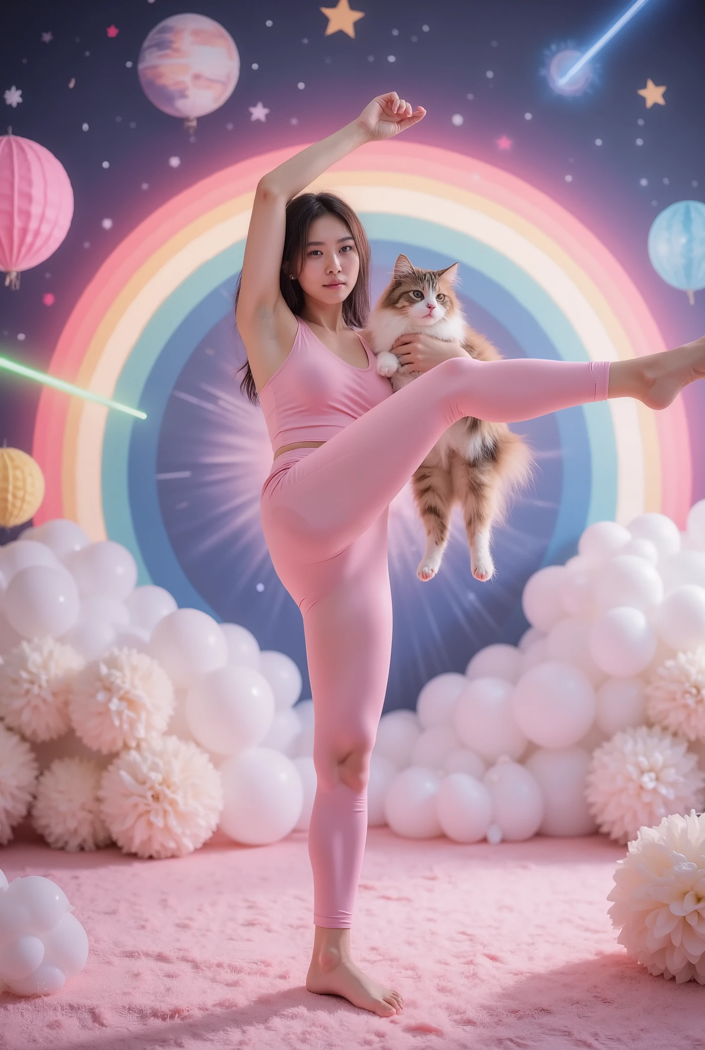 (((((站立split))))),(opaque skinny yoga pants), a pink space navy holding a cat, cute fantasy background , rainbow, Spread love emoji pack , x holding y , double exposure , laser background or space background , photo, helmet