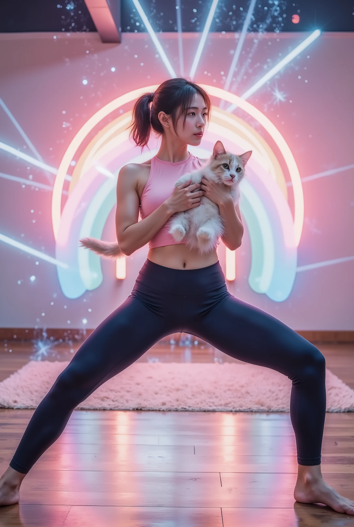 (((((站立split))))),(opaque tight yoga pants), a pink space navy holding a cat, cute fantasy background , rainbow, Spread love emoji pack , x holding y , double exposure , laser background or space background , photo, helmet