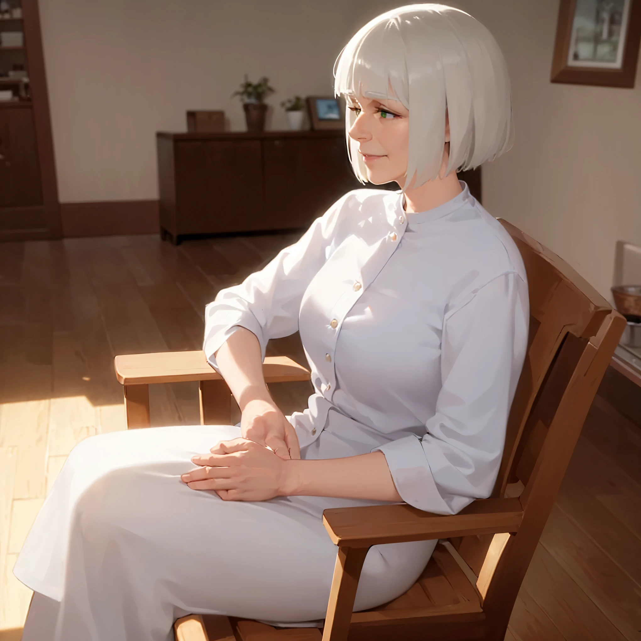 side angle, (looking away:1.5), Realistic, real person, RAW photo, photorealistic, portrait photography, shiny skin, white hair, bobcut hair with bangs, green eyes, (60-year-old grandmother), wearing a white blouse, smile, alone, sitting on rocking chair, inside the living room,