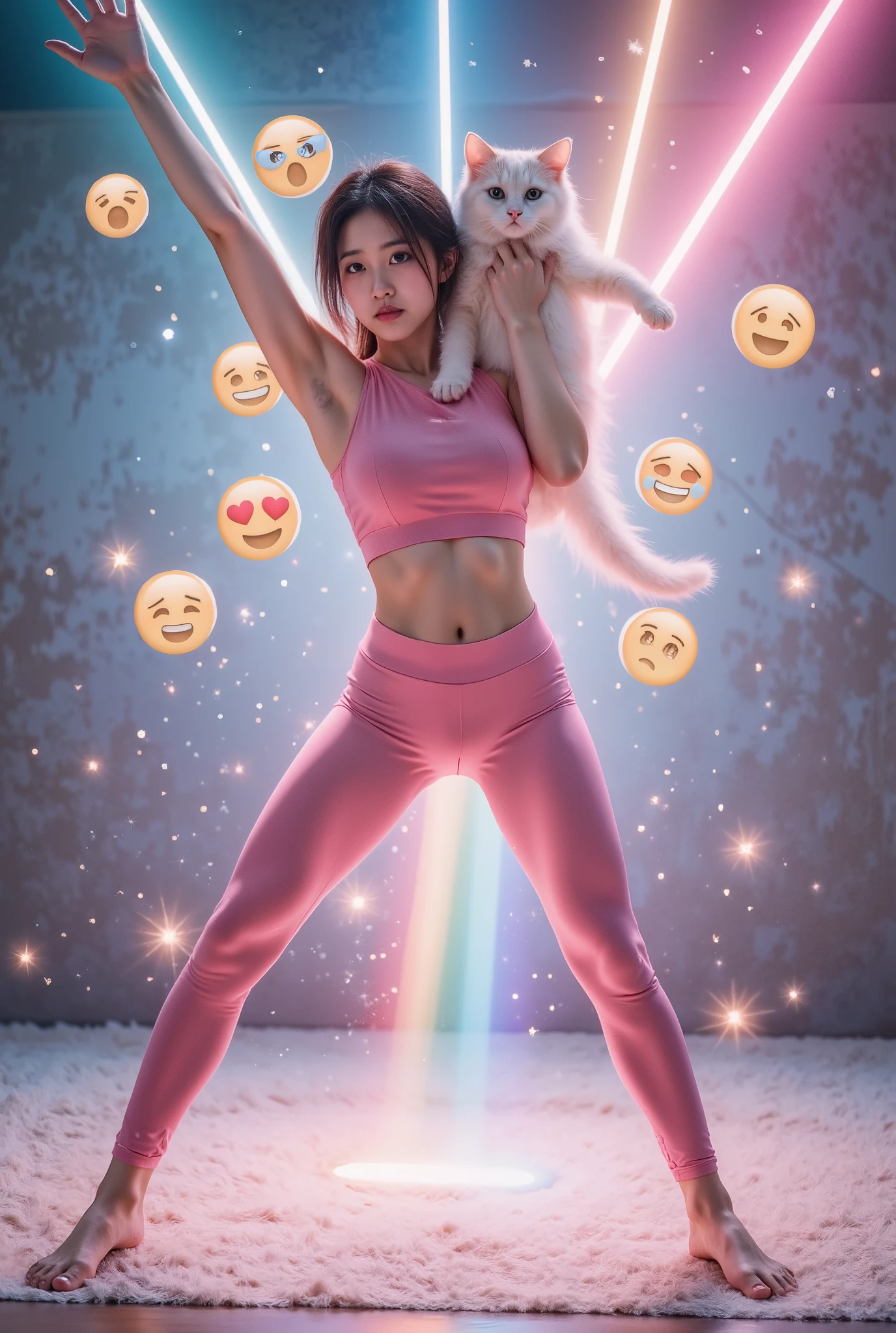 (((((站立split))))),(opaque tight yoga pants), a pink space navy holding a cat, cute fantasy background , rainbow, Spread love emoji pack , x holding y , double exposure , laser background or space background , photo, helmet