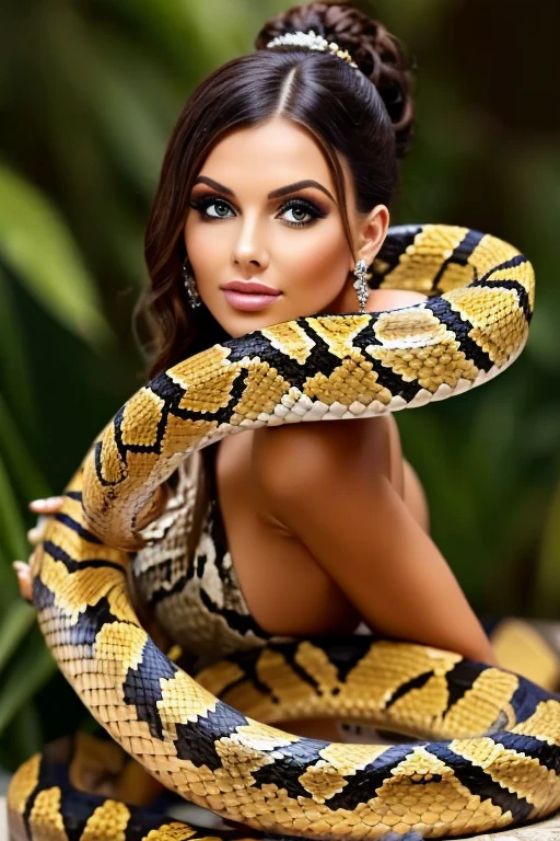 Hansika Motwani as a snake, She is a serpent, she is looking there while wrapping herself around the trees. Half of her body is like a human and half is like a serpent. The serpent part is very big and is wrapping itself around the tree, red serpent. Red colour serpent , proper snake shape , beautiful face, proper face, proper snake body