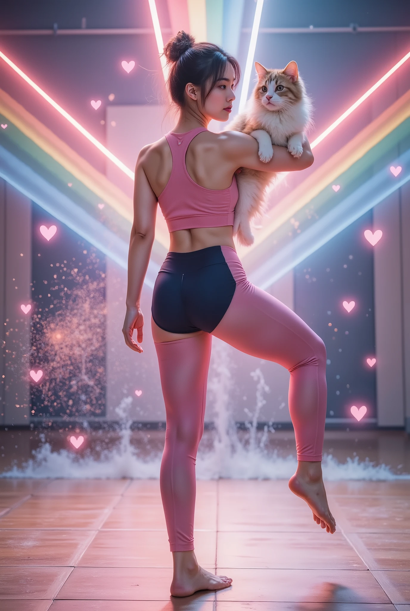 (((((站立split))))),(opaque tight yoga pants), a pink space navy holding a cat, cute fantasy background , rainbow, Spread love emoji pack , x holding y , double exposure , laser background or space background , photo, helmet
