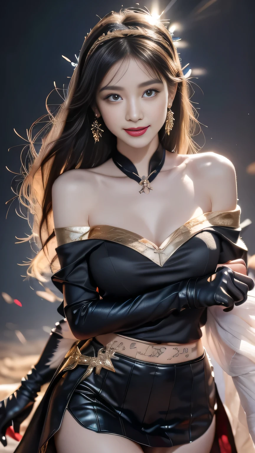 8k,とてもSmall breasts,Long black hair,Close-up of a woman in a black evil god costume holding a one-handed sword, Beautiful fantasy empress, ((Beautiful fantasy empress)), Small breasts , Very detailed, Very detailed , Up to the model | Types of bacteria, Trending on cgstation, Pan Zhenwei Art Station, Gorgeous black cloak,Ultra-high resolution,Ultra-Realistic Skin,Beautiful expression,Fantasy art,Laughter(Like the real thing),非常にSmall breasts ,Straight hair,Golden Eyes,black gemstone earrings,black gemstone necklace,Luxurious black gauntlets,Black lipstick,Black eyeshadow,Evil God Makeup,Dynamic fighting pose,Rich colors, Backlight, Cinema Lighting, Film Grain, to be born, 50mm lens, Nikon D850,Compensate,View your audience,Toned, muscular lower body,Muscular Beauty,compensate,Big smile,Gorgeous black and gold long skirt,