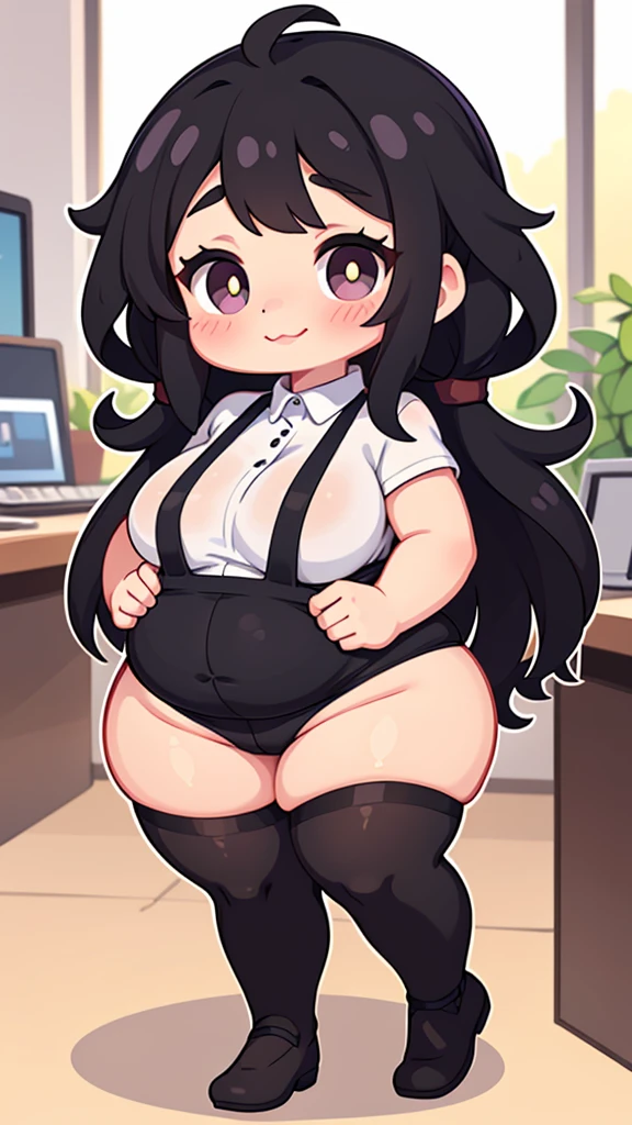 (masterpiece, highest quality:1.2), solo, 1girl, 35-year-old, mature woman, blue eyes, long black hair, 35-year-old woman, plus size body, BBW, (round belly:1.2), (chubby legs:1.2), fat rolls, fat woman, fat figure, smiling, looking at viewer, (Wearing: red business suit, tight black skirt, black pantyhose, High heels), Indoors, computer room