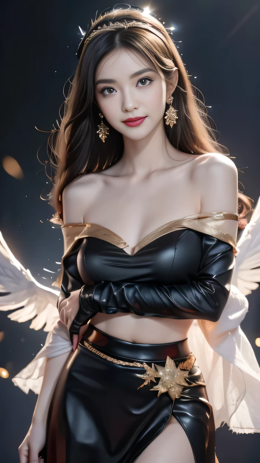 (8k, best quality, masterpiece:), Lucifer Morningstar, one beautiful British female angel with dark hair, mischievous smile, (eyeglasses), (round trimmed glasses:1.4), casual posing, blushing, shy, cute, red lips, sharp eyelashes, cute smile, earrings, jewellery, (extremely long hair:1.4), (long wavy hair:1.4), dynamic pose, perfect body, perfect anatomy, detailed iris, sparkle eyes, star in eyes, enchanting red eyes, (multicolored eyes), (black hair:1.3), (long hair:1.3), (hair between eyes), (hair over one eye:1.3), (floating hair:1.3) flaming wings, devil, fallen angel, flames in background, details, uniform, (white suit:1.3), exquisite details, golden linings, embroidered textures, large breasts, perfect breasts, round breasts, detailed collarbone, perfect collarbone, cleavage, club theme, 1:1 ratio, sitting on a throne drinking whiskey, details, realistic