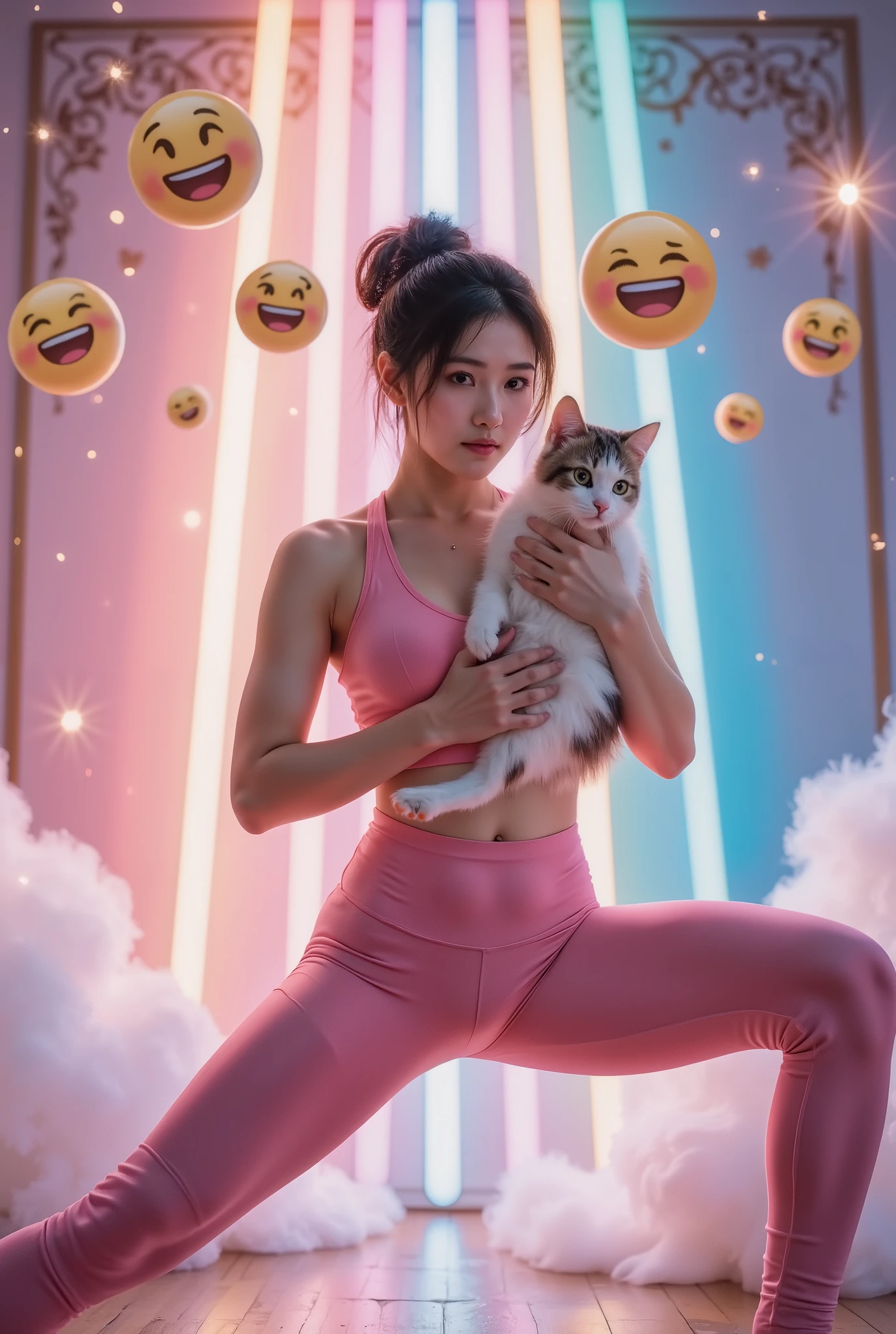 (((((站立split))))),(opaque tight yoga pants), a pink space navy holding a cat, cute fantasy background , rainbow, Spread love emoji pack , x holding y , double exposure , laser background or space background , photo, helmet