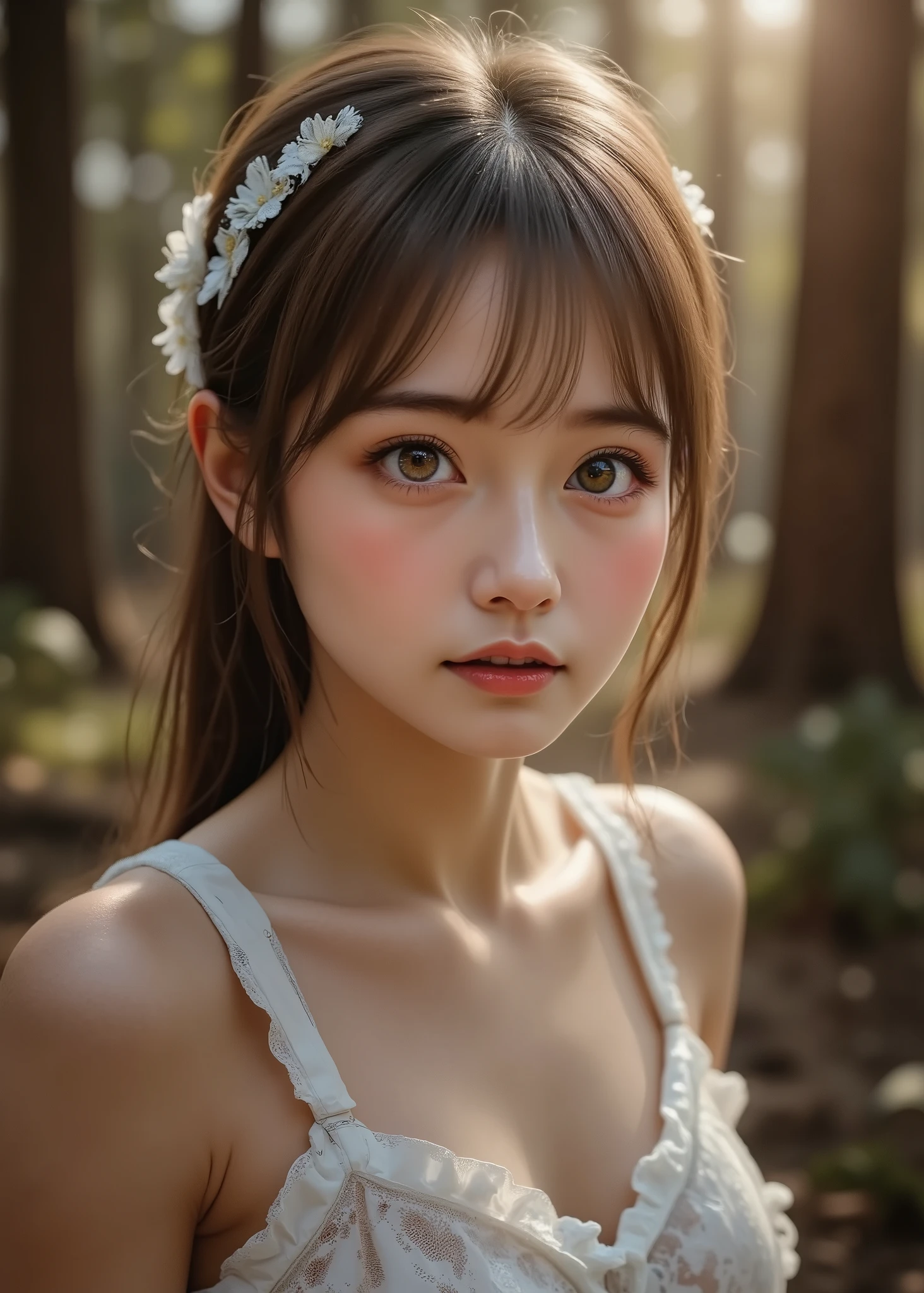 photorealistic, super high heels, top quality, top quality,8k, RAW Photo , very detailed from outside the window, super high resolution,( very cute japanese girl),whole body,1 person, facing the front, Early morning forest ,Tied behind , backlight, white simple micro mini dress , see throughフレアマイクロミニドレス, Sheer Dress Transparency , see through, perfect style, Expiration Ratio, perfect body through Ngs,The cutest face in the world,(Small face),long eyelashes,double eyelids,high nose, detailed eyes , very short hair, Bob Cut Hair, earrings,(((Extra large chest:2.0))),Chest, constricted, long legs , BEAUTIFUL LEGS,realistic skin, Staring at the Audience ,(Upturned buttocks), see here, functional, raise your arms