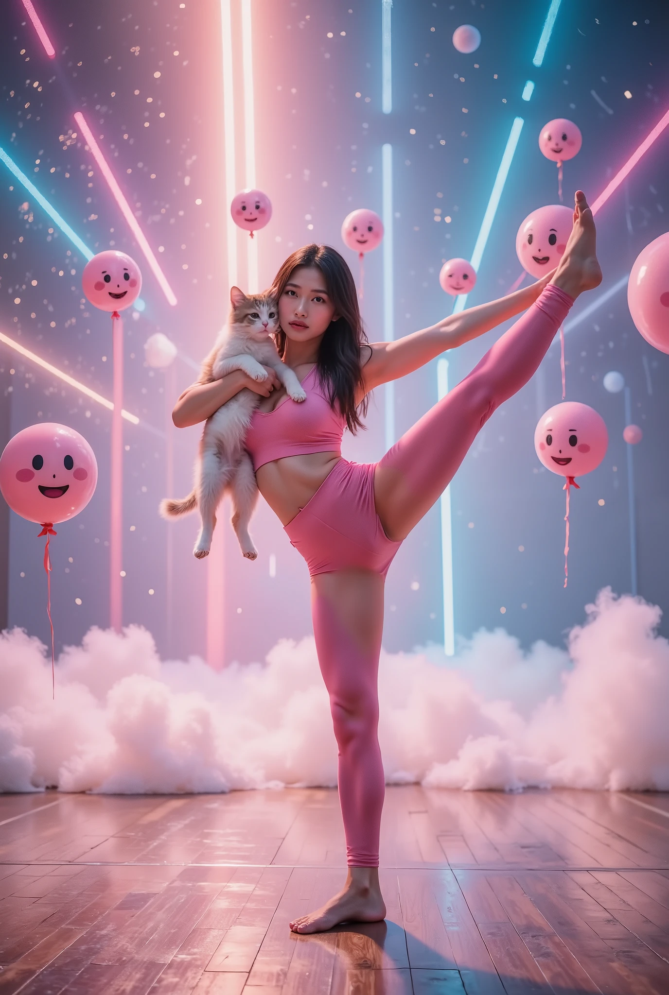 (((((站立split))))),(opaque tight yoga pants), a pink space navy holding a cat, cute fantasy background , rainbow, Spread love emoji pack , x holding y , double exposure , laser background or space background , photo, helmet