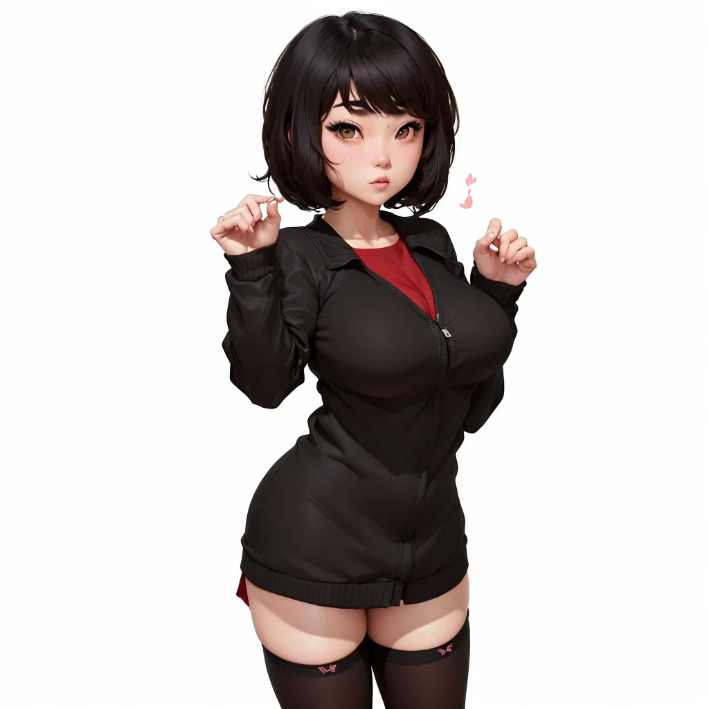 (((masterpiece, best quality, ultra highres, 1 girl, solo, no background))), super detailed skin and face and eyes and finger, beautiful japanese woman, small breasts:1.5, skinny, light brown hair, white background, very short curly pixie hair, (an illustration of girl), Knee shot, Generate with illustrations, Various expressions, Various poses, Please draw the entire character within the frame, ensuring that the head, arms, and legs are not cut off. The background should be simple, with the character positioned centrally, outline, anime, underwear, hoodie,