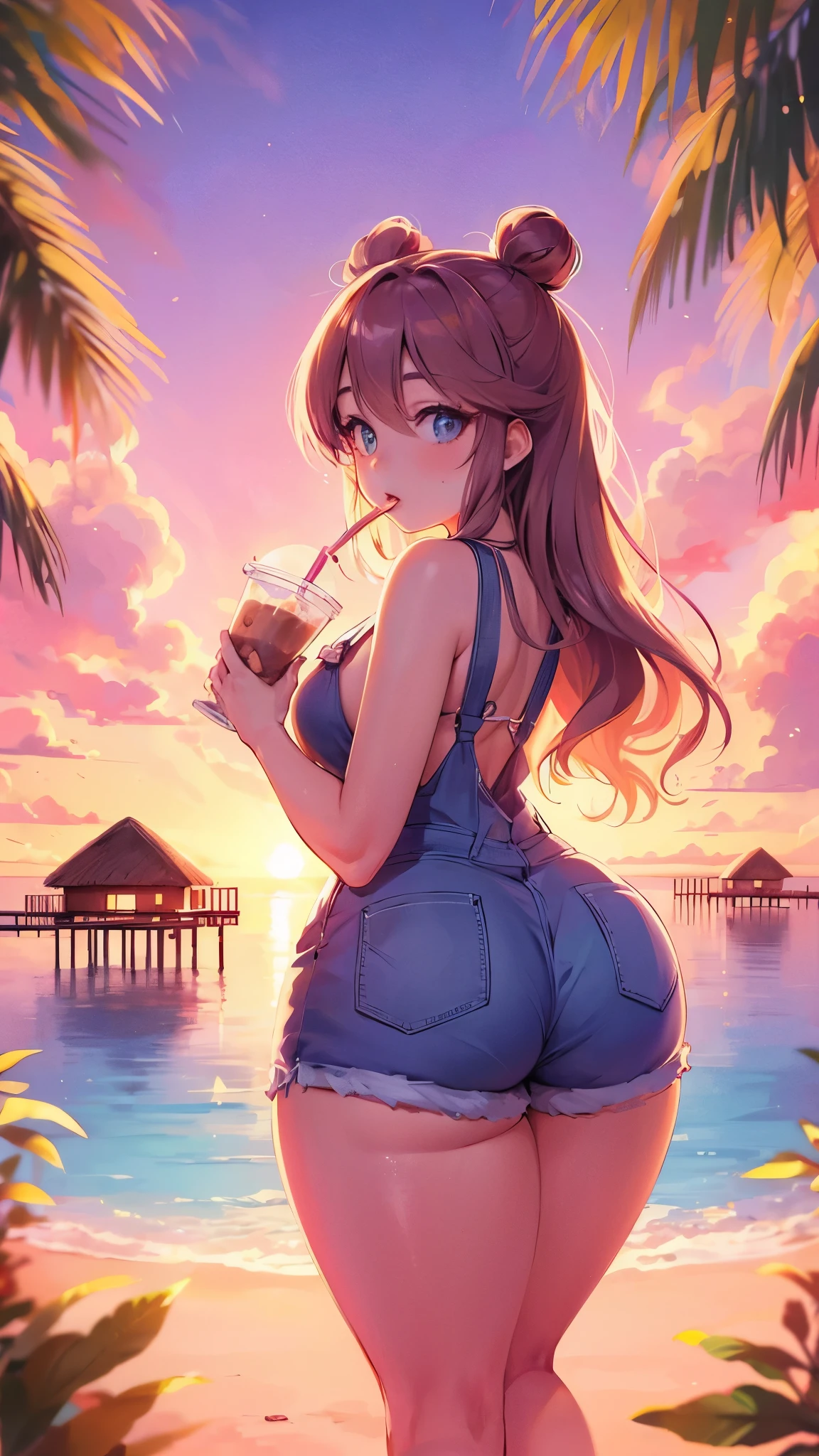 Anime biggest hourglass body young woman big lips, in Maldives at sunset , she wears ping overalls, she drinking ice coffee 