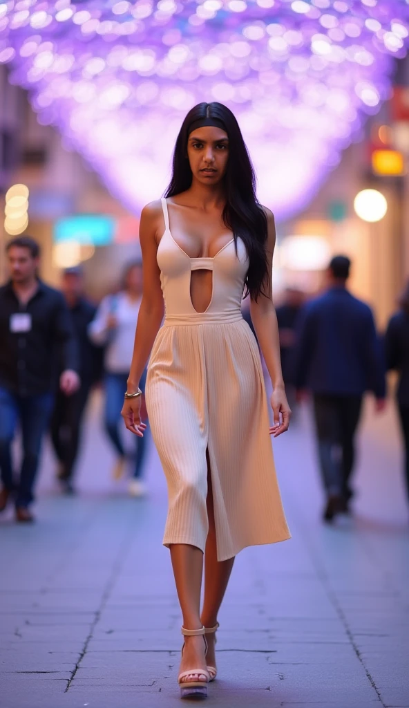 Masutepiece、highest qualityr、high resolusion、Eleonora Pavinato, 23 years old, Younger headshot, long Black hair, realistic skin, beautiful refined skin, real skin texture, Beautiful firm breasts are comb big oczami seksowna, city streets at dusk, in a chic, low-cut white dress, confident stride, urban backdrop with soft focus, modern accessories
