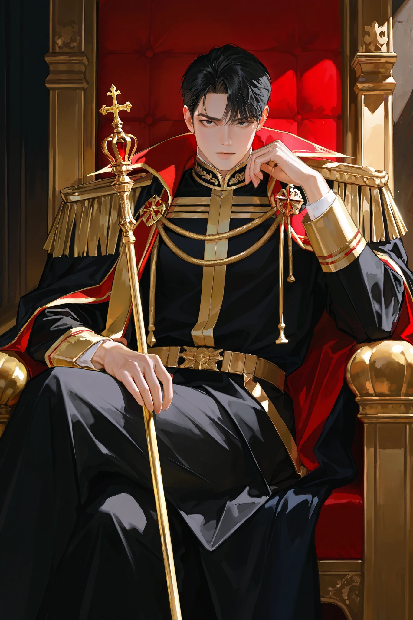 Mature male, (masculine:1.4), handsome, black hair, black eye, 1 man, short hair, male focus, looking at viewer, handsome man, Emperor, tired, sitting on throne, emperor's regalia, royal cape, royal, stoic, regal posture, royal scepter, thickly painted, Korean comic style, semi-realistic art , semi-realistic art style, expressive brushstrokes, vibrant brushstrokes, impressionistic painting, realistic skin, realistic hair, realistic details, photo-realistic, high details