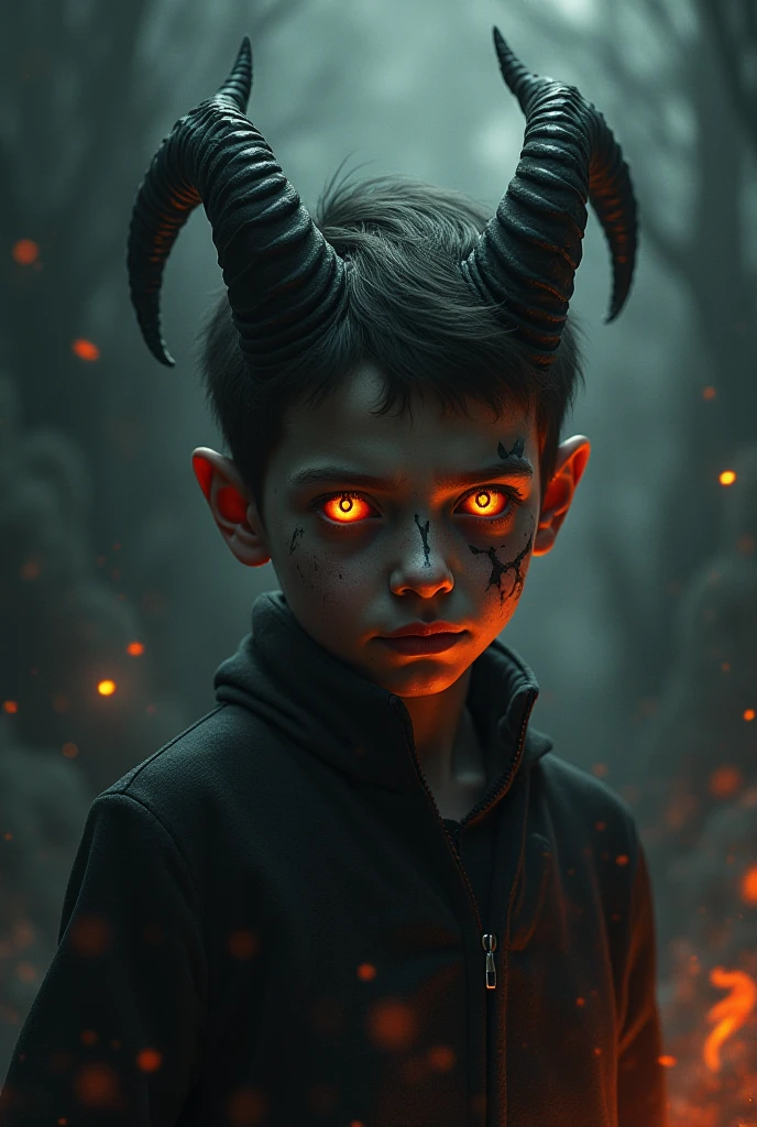 A demon child, with glowing red eyes and razor-sharp fangs, clad in tattered black clothing, stands defiantly in the dimly lit room. His horns curl menacingly above his forehead, and his clawed hands are balled into fierce fists. Despite his sinister appearance, a mischievous gleam dances within his eyes as he contemplates his next prank. The shadows around him seem to pulse with a malevolent energy, and the once pristine walls bear the scars of his unruly antics. The room, filled with the acrid smell of sulfur, is a clear indication that this is no ordinary .