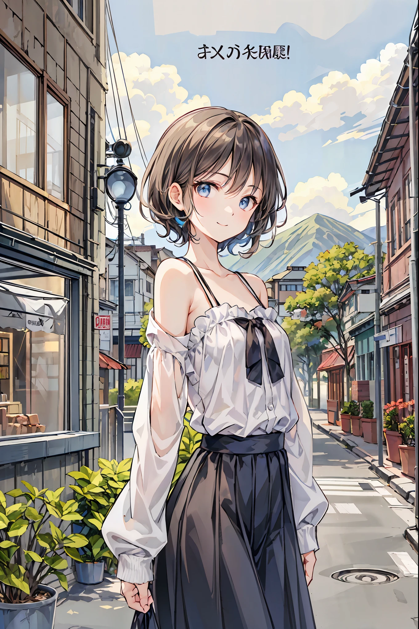 (masterpiece), (Highest quality), (High resolution),Realistic skin texture, Perfect Face, Realistic, Perfect hands, Perfect finger count, Japanese, Girl, (12 years old), Big Eyes, Brown eyes, Brown Hair, bangs, short hair, Hair Ribbon, Small face, smile, , ((Short camisole, Low-rise mini pleated skirt)), Cute standing pose, Alley, Blue sky and clouds, Hair blowing in the wind