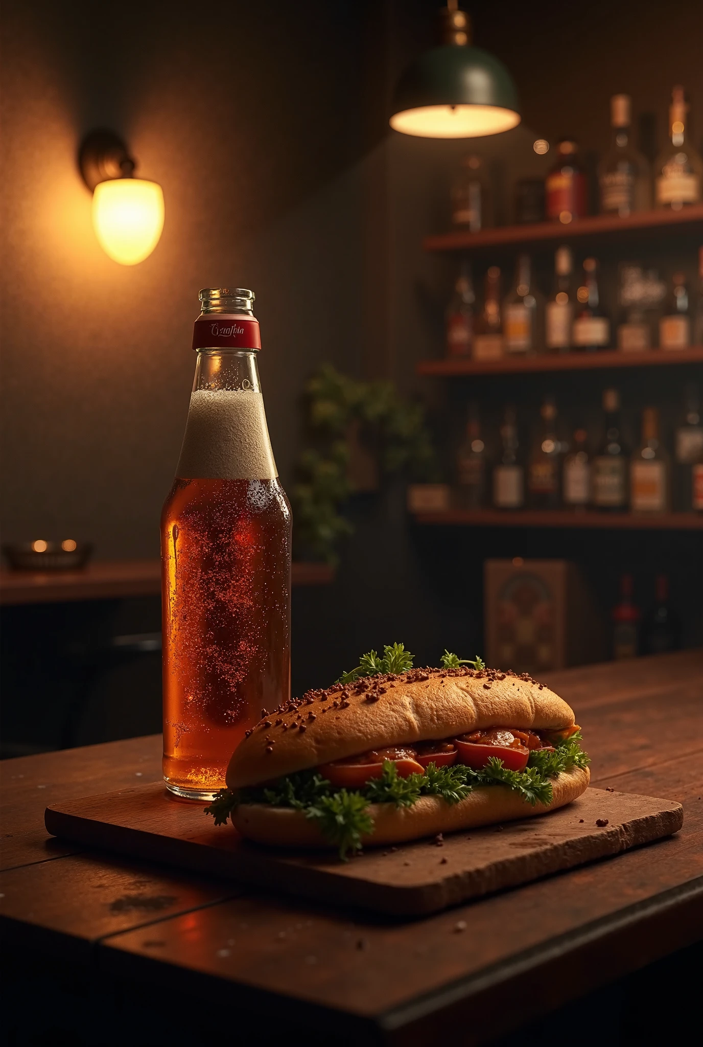 a large bottle of beer, a shawarma, a bar, a night light on the wall, a dark, cozy atmosphere, without people