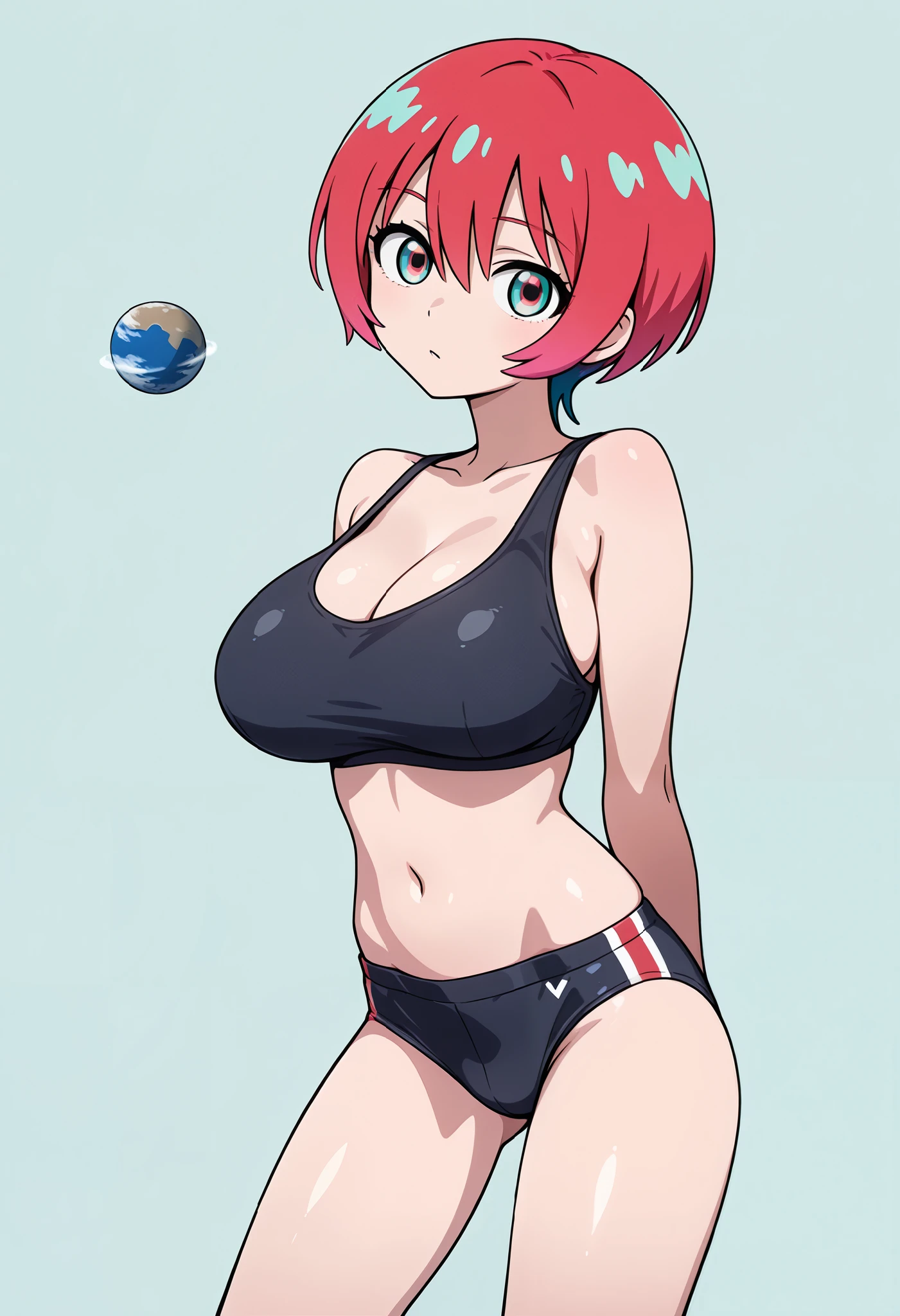 スパッツ, 1girl, universe, Women in space, woman bigger than a planet, Tiny Planet , giantess, GQuX-amate_yuzuriha, red hair, multicolored hair, short hair, aqua eyes, multicolored eyes, arms behind back, looking at viewer, head tilt, huge breasts, black sportswear, black spobra, navel, cleavage, whole body, A small planet floats in front of my chest