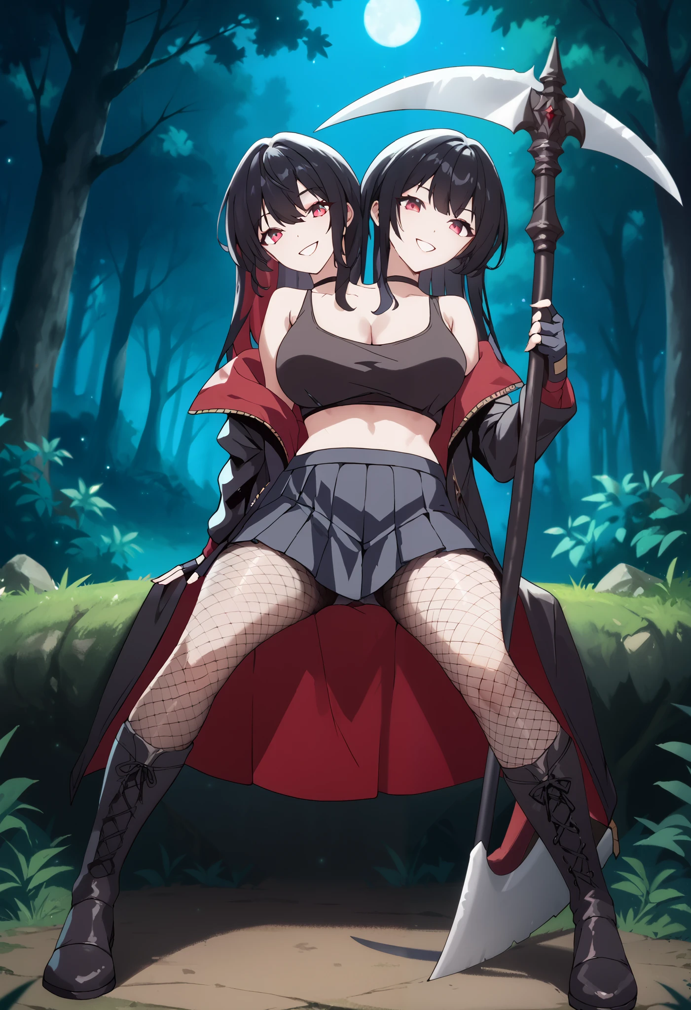 2heads, a tall thin woman with 2 heads, black hair, long hair, red eyes, black footwear, black gloves, leather jacket, black jacket, off shoulder jacket, black crop top, black fingerless gloves, black pleated skirt, panty shots, black fishnet pantyhose, pantyhose, knee boots, peaceful but creepy smile, scythe standing next to, complex scythe, fantasy scythe, oen scythe, She is inside a dark forest, night, sitting on a tree, front shots, large breasts, put one's legs together