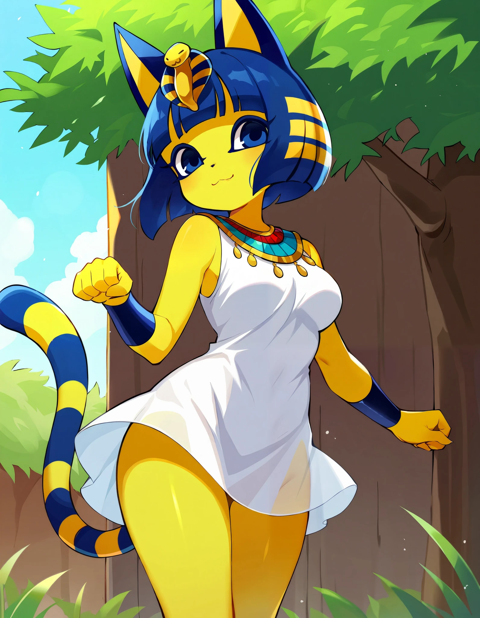 safe, best quality, masterpiece, BREAK ankha (animal crossing), 1girl, ;3, animal ears, standing, looking at viewer, blue eyes, blue hair, cat ears, cat tail, closed mouth, colored skin, female focus, looking at viewer, outdoors, short hair, medium breasts, smile, solo, standing, tail, thighs, yellow skin, white dress, female focus, outdoors