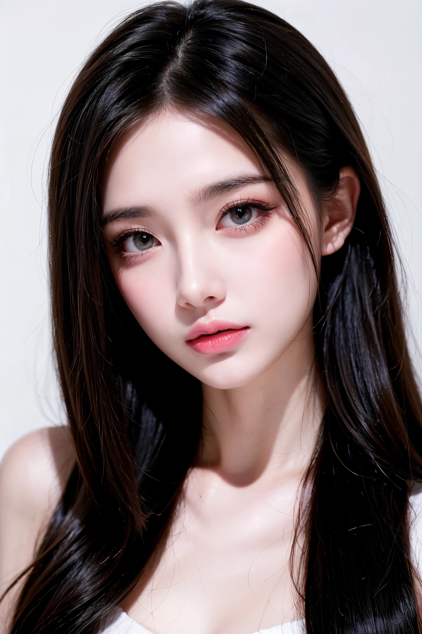 Beautiful girl, long, black hair. Big black eyes, wide eyelashes, beautiful pale lips, lip gloss, wearing she is extremely beautiful, masterpiece, perfect face, beautiful eyes, detailed, focus on her face and her eyes.