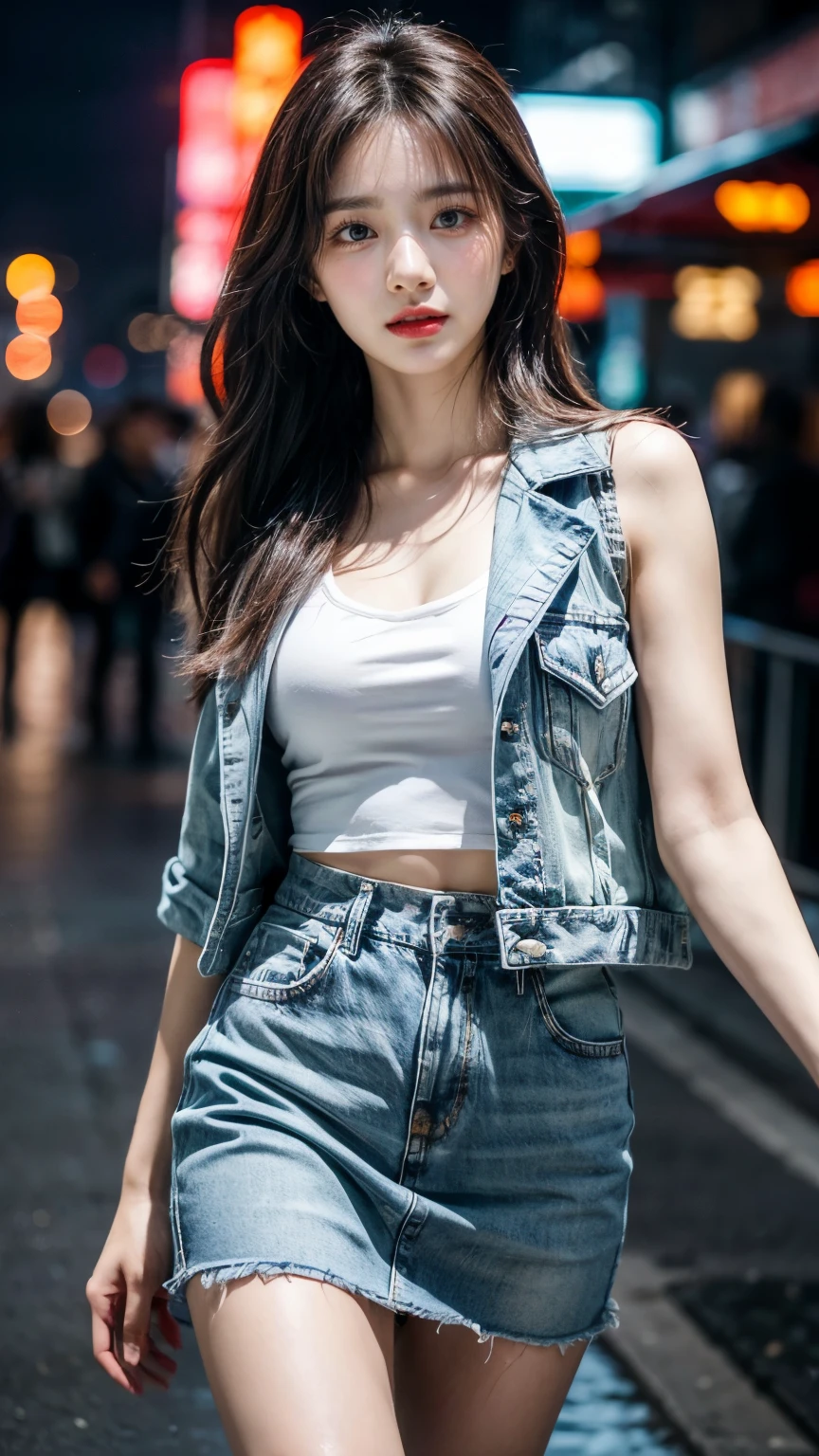 (( best quality , 【8k, Masterpiece: 1.3)), focus: 1.2, Green Red Flag Robe , 8k Ultra HD ,Masterpiece, RAW format photo , Best Picture Quality ,extreme details(1.2): Realistic Reproduction ,Extremely detailed CG unified in 【8k resolution,【8k diamond-level delicacy and wallpaper-like visual impact, with depth of field 、 Layered Light Shadow Effect 、 Lens flash 、 Light tracking technology (Stunningly beautiful face 、 Beautiful Lips、 Beautiful Eyes ), Extremely exquisite facial detail ( Extremely Delicate Skin ) — depicting a Korean female model , Exquisite delicate eyes in the dark night , In a deep shadow , Charming Korean girl , as a Korean pop idol ( is worn tight Silk flag robe :1.3), Shows from the viewer's point of view , Purple Vest 1 .5, Short Denim Jacket 1 .5, Low Waist Denim Mini Skirt :1.5, The cut of the short clothing , night view of the city,neon lights, a beautiful Korean girl in a dark night atmosphere, Pearl Stud Earrings 、lace stockings,Clear and bright eyes, walking posture , Skin Whiteness, Direct vision camera front , Big Eyes Charming (上半身close up),close up, The overall image is extremely thin 、Slim Elegant , Black Mini Pleated Skirt , She looks like actress Kim Hyun