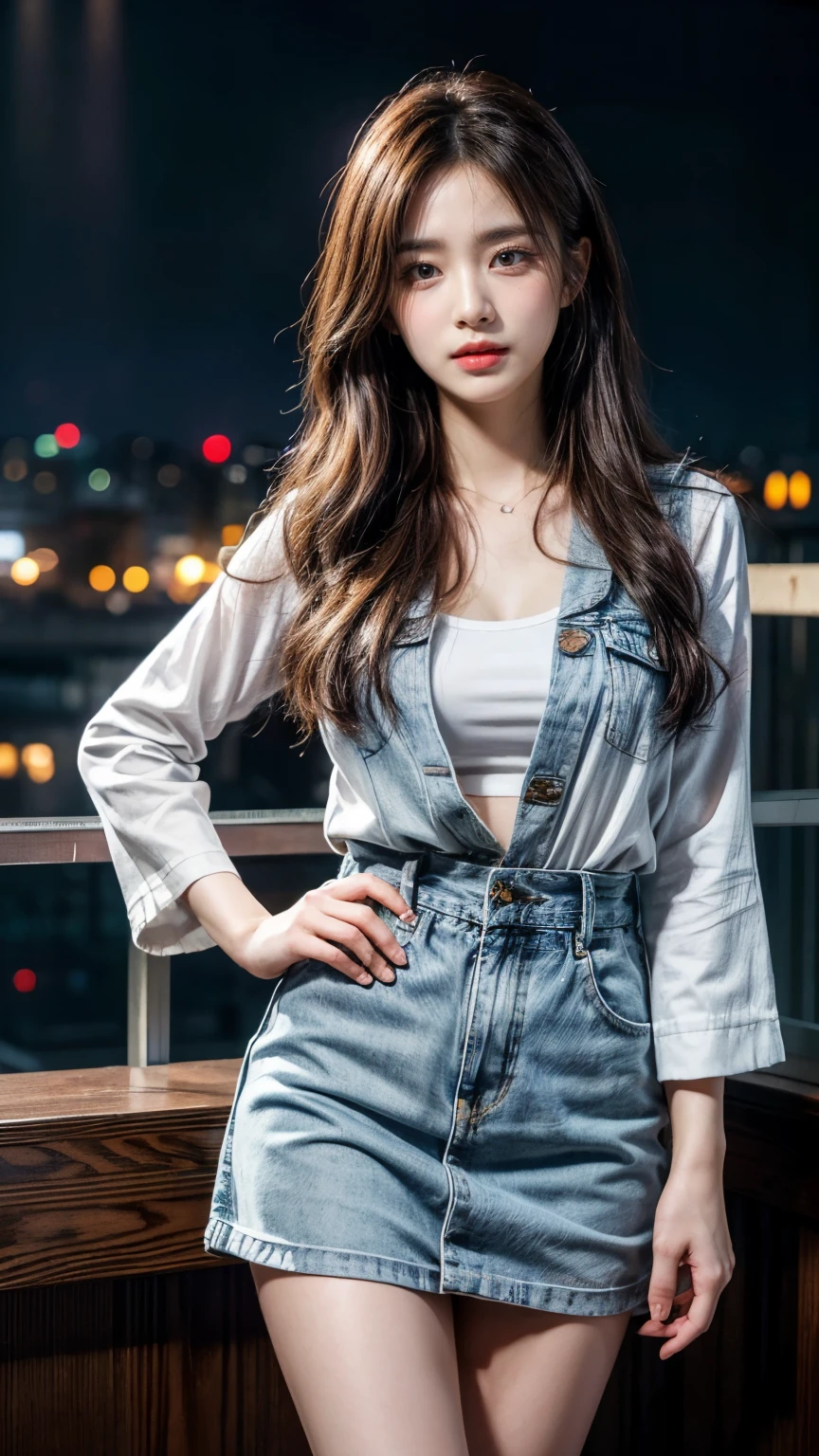 (( best quality , 【8k,  Masterpiece: 1.3)), focus: 1.2,  Green Red Flag Robe ,  8k Ultra HD  ，Masterpiece， RAW format photo ， Best Picture Quality ，extreme details（1.2）： Realistic Reproduction ，Extremely detailed CG unified in 【8k resolution，【8k diamond-level delicacy and wallpaper-like visual impact， with depth of field 、 Layered Light Shadow Effect 、 Lens flash 、 Light tracking technology （Stunningly beautiful face 、 Beautiful Lips、 Beautiful Eyes ）， Extremely exquisite facial detail （ Extremely Delicate Skin ）  — depicting a Korean female model  ， Exquisite delicate eyes in the dark night ， In a deep shadow ， Charming Korean girl ， as a Korean pop idol （ is worn tight Silk flag robe ：1.3）， Shows from the viewer's point of view ， Purple Vest 1  .5， Short Denim Jacket 1 .5， Low Waist Denim Mini Skirt :1.5， The cut of the short clothing ， night view of the city，neon lights， a beautiful Korean girl in a dark night atmosphere， Pearl Stud Earrings 、lace stockings，Clear and bright eyes， walking posture ， Skin Whiteness， Direct vision camera front ， Big Eyes Charming （上半身close up），close up， The overall image is extremely thin 、Slim Elegant ，  Black Mini Pleated Skirt ， She looks like actress Kim Hyun 