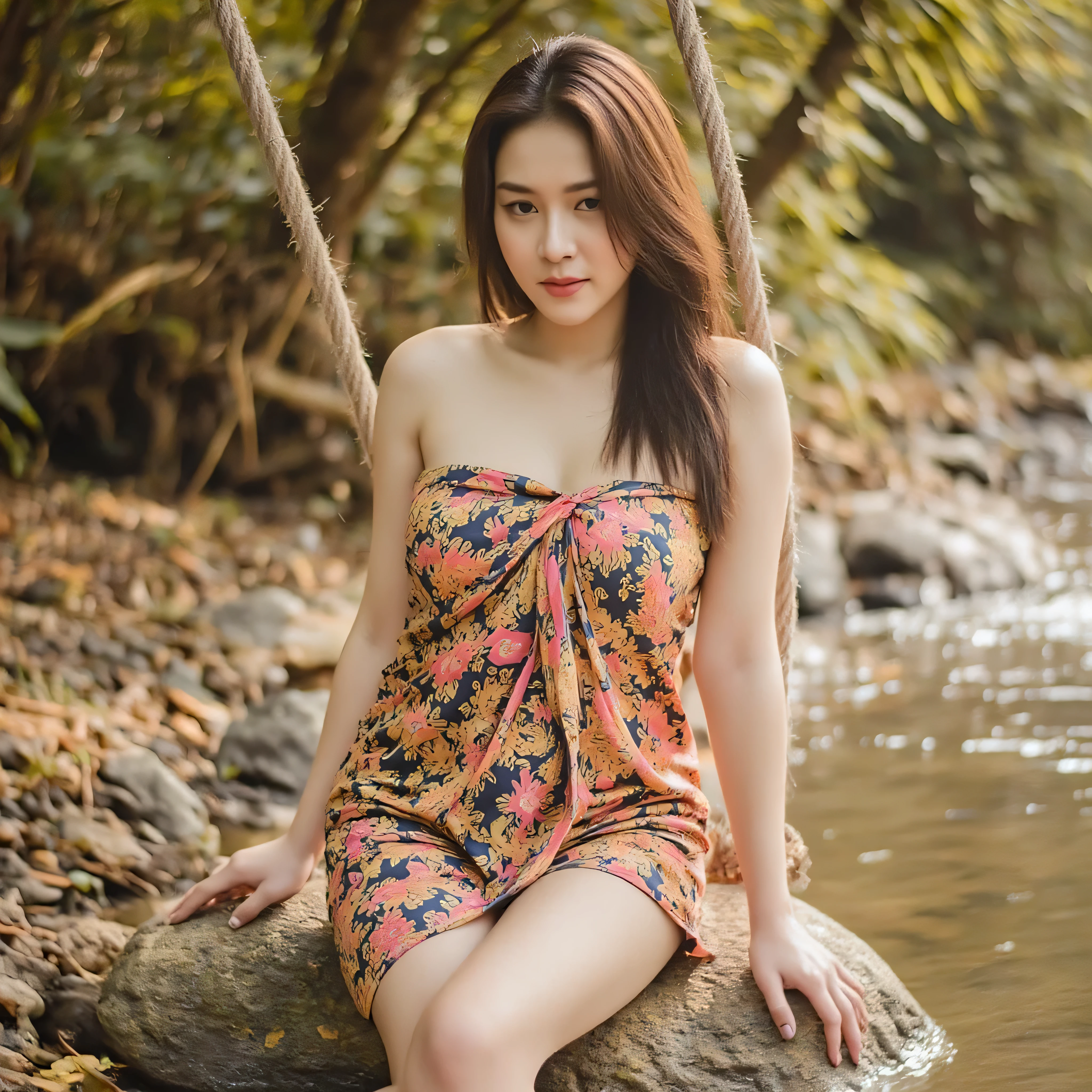 A quiet riverside scene with a young woman 、Beautiful teardrop breasts , Sitting on a rope swing tied to a sturdy tree on the riverbank Water that is there , evokes a deep sense of harmony with nature . She's throwing mottled patterns on the ground , at the Thai Salon . The warm light of late afternoon shines in. Rich green , Her hair gently swaying in the breeze . The atmosphere is quiet and intimate, and , wears , and looks at the viewer into the camera , elegant pose, intermediate close-up shot