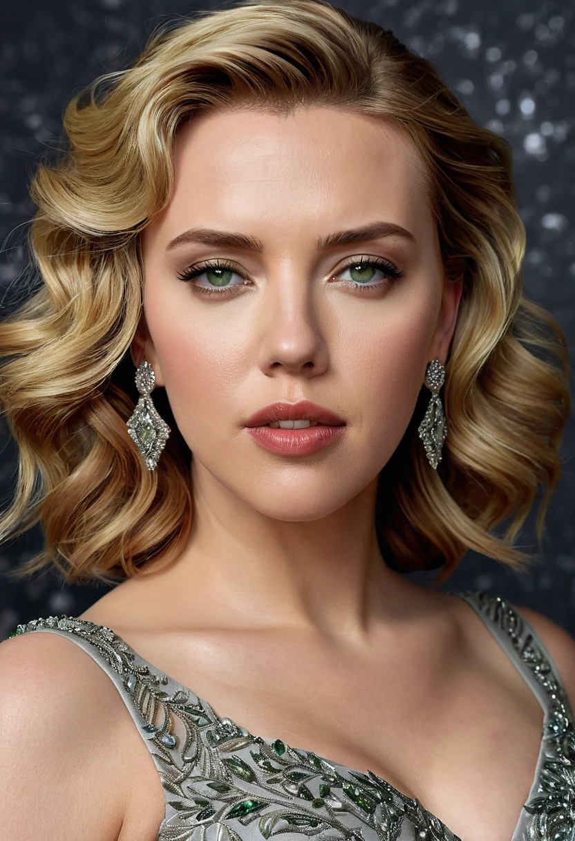 Generate an ultra-realistic portrait of a woman resembling Scarlett Johansson at a glamorous event. Her eyes are the focal point—deep green, with a captivating intensity and a natural sparkle, framed by long, thick lashes that enhance their allure. She has flawless, fair skin and full, soft lips with a subtle smile. Her blonde hair is styled in elegant, loose curls, cascading over her shoulders. She’s wearing a luxurious, floor-length sapphire blue gown that accentuates her figure, with delicate embellishments that shimmer under the soft, ambient lighting. The background is a lavish party scene, with dimmed, warm lighting and blurred guests, ensuring the focus remains on her striking eyes and overall elegance. The lighting subtly highlights her eyes, making them the most vivid and mesmerizing feature of the image."