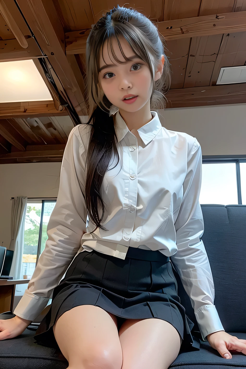 ((Highest quality, 8k)), ((masterpiece)), (Highest Resolution), Perfect Face, Raccoon-eared woman, Female college student, Beautiful woman, public, One tail, she has thick thighs, Big raccoon tail, She has a brown raccoon tail., She sticks out her tail, Troubled face, Fur collar, She is wearing a short skirt, Beautiful Hips , Big Breasts, The skirt is rolled up with a big tail