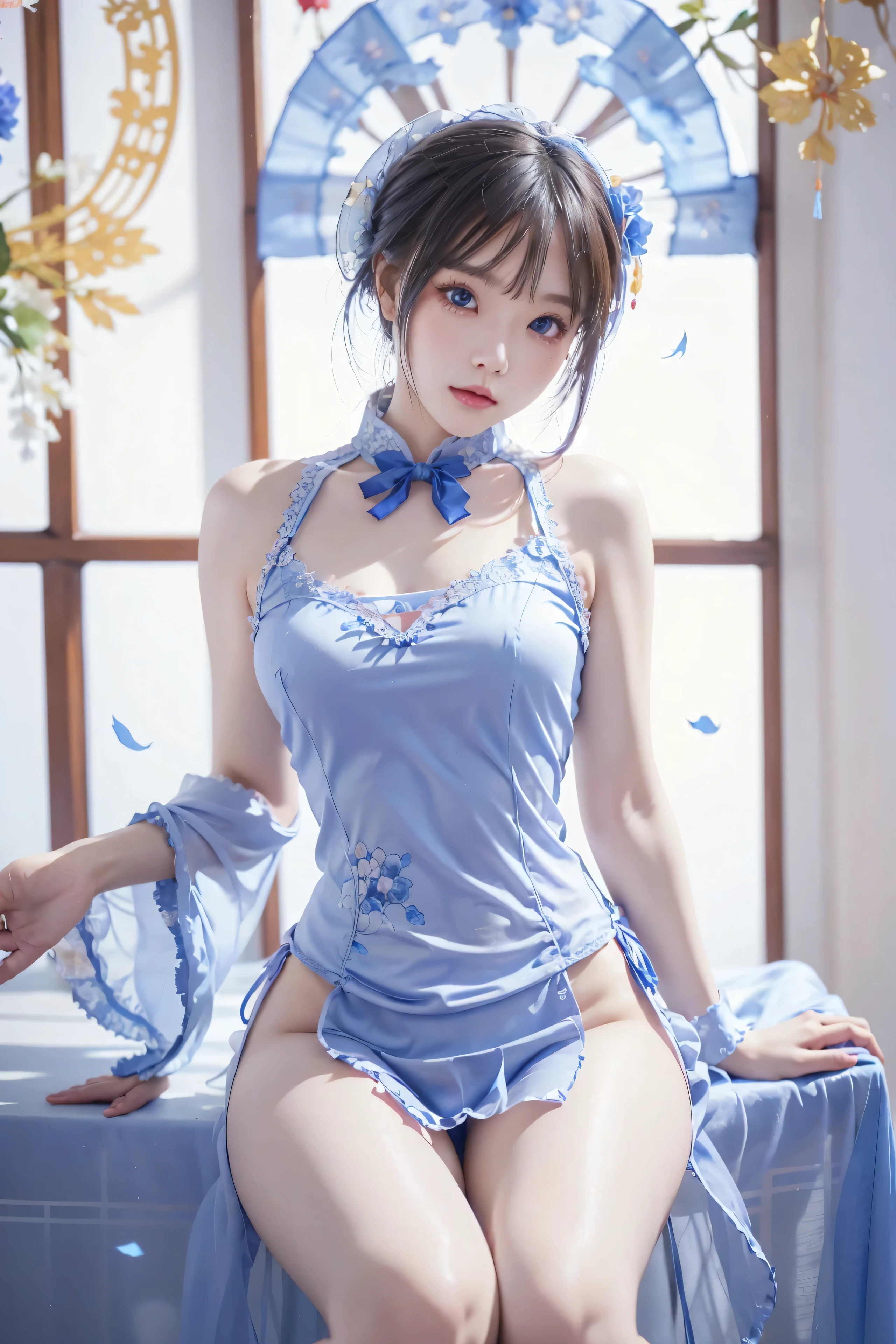 Cheongsam, 1 girl, blue bow, blue eyes, blue flowers, blue ribbon, blue rose, chest, Chinese clothing, Chinese clothing, dress, half transparent underwear, flower, gradient, gradient background, embroidered ball flower, looking at the audience, small chest, pantyhose, rose, single, thigh pantyhose, Chinese paper fan with painting on it,