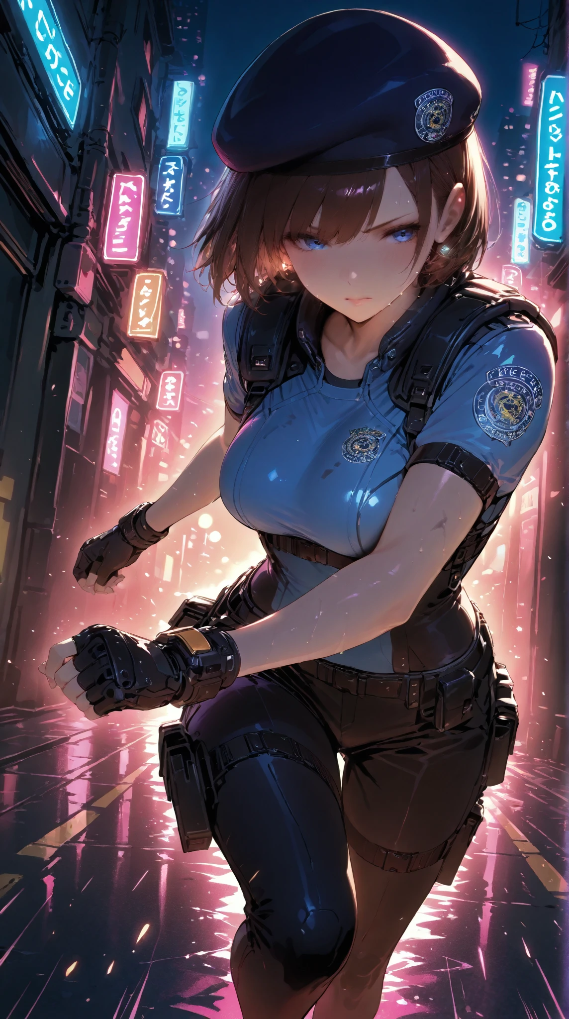 Beautiful girl detailed muscles realistic masterpieces full figure pose (best quality,ultra-detailed), pink hair, fair skin, fit body, slim figure, narrow waist, (cocky expression), tactical black SWAT uniform with police insignia