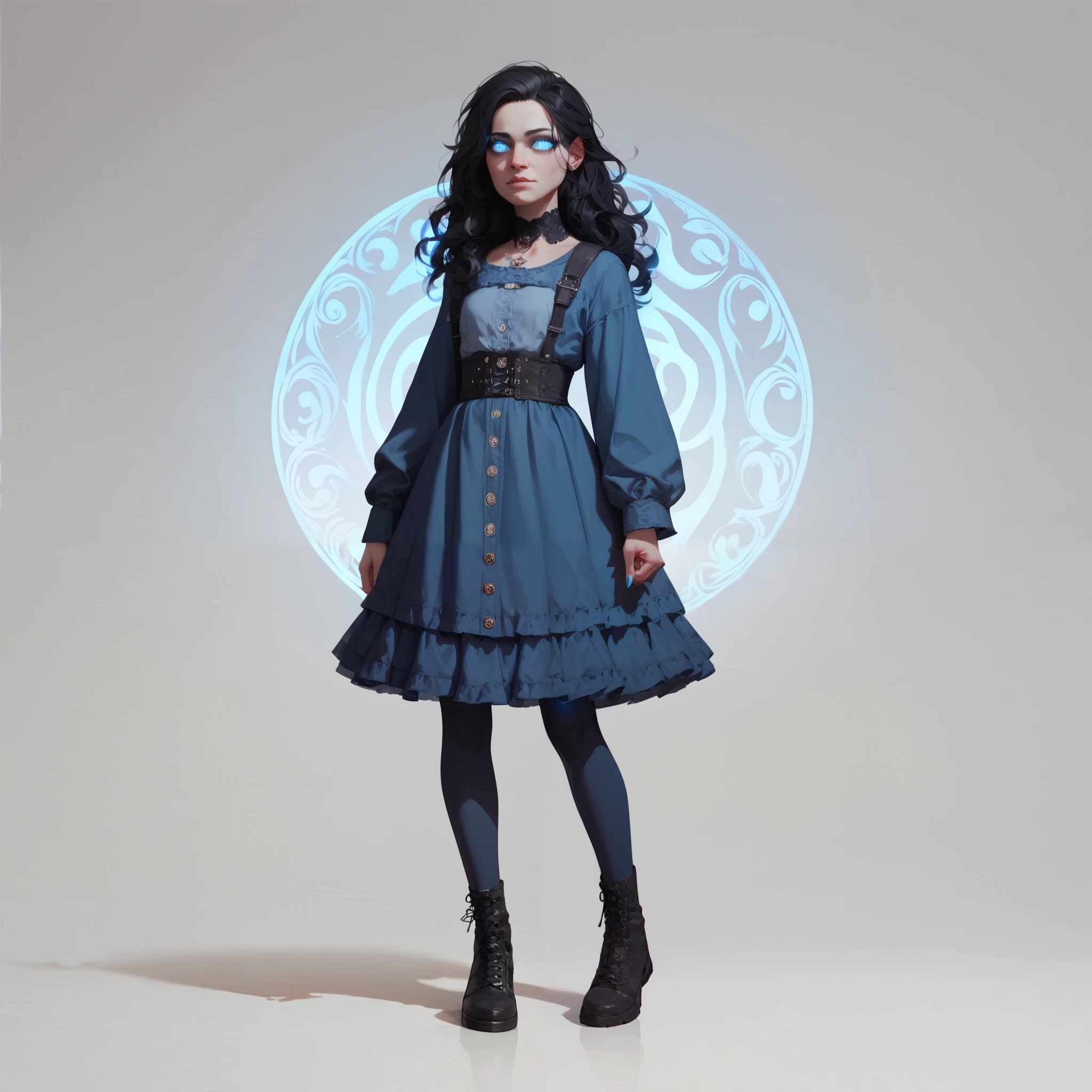 full-body image of a ite young adult female sin'dorei, pale blue glowing eyes, long wavy completely black hair, dressed as a scout