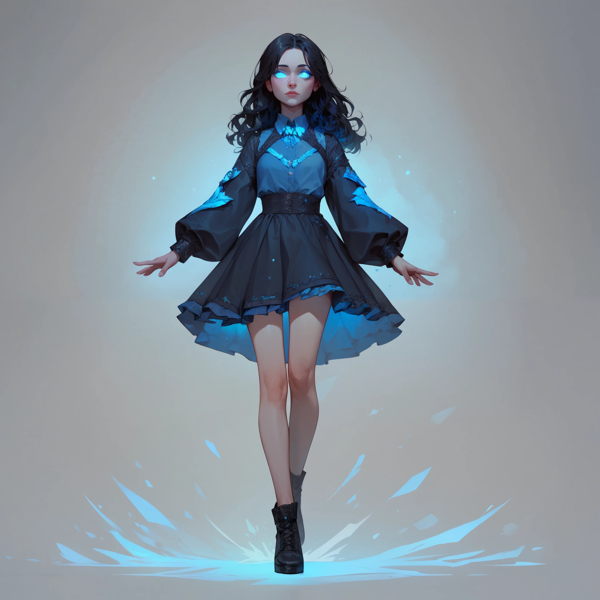full-body image of a ite young adult female sin'dorei, pale blue glowing eyes, long wavy completely black hair, dressed as a scout