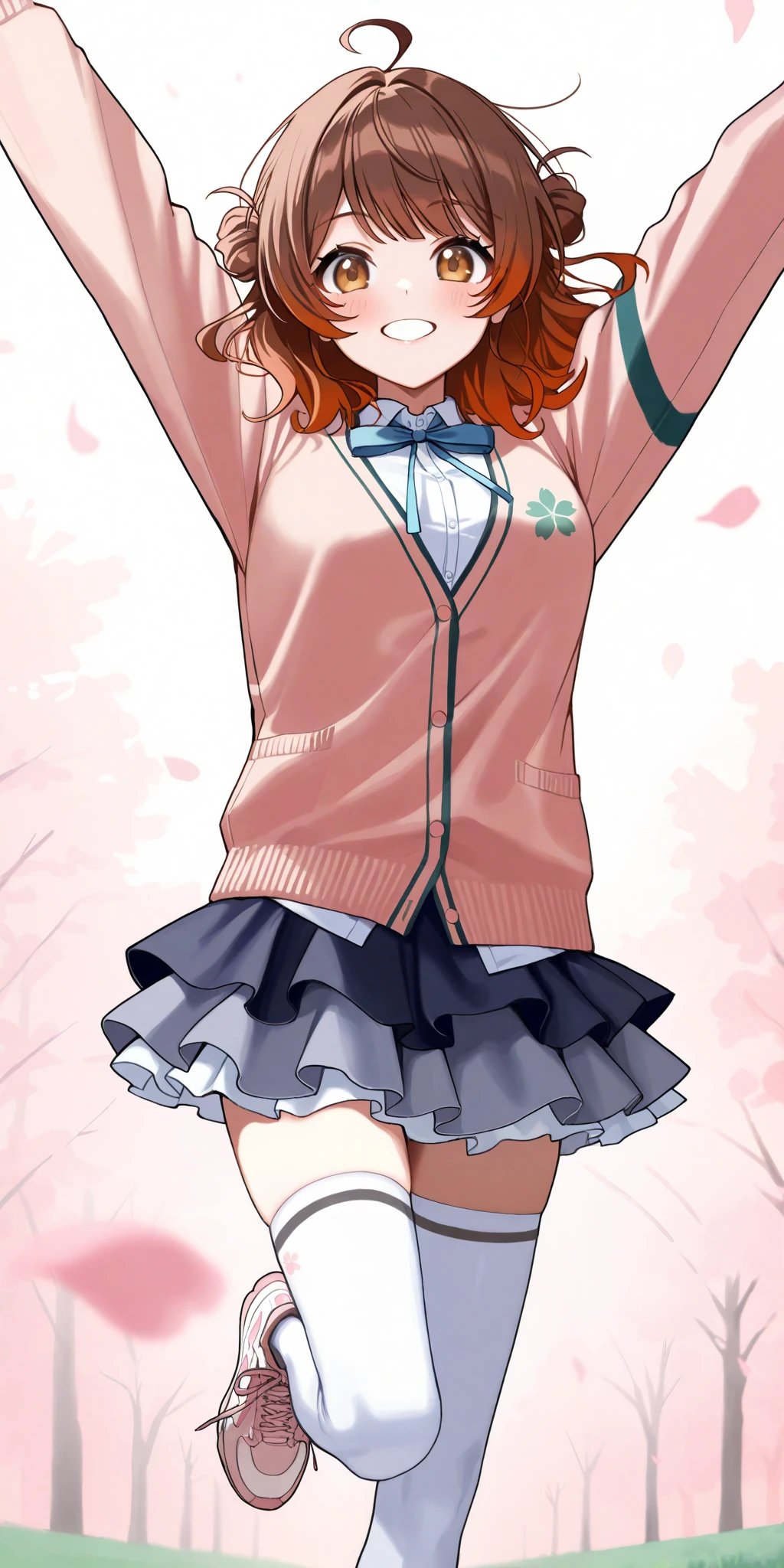 1girl, solo, running, arms up, big smile,  parted lips,  detailed eyes, hanami ume, brown eyes, brown hair,medium hair, hair bun,ahoge,school uniform, cardigan,dress shirt,layered skirt,white thighhighs,sneakers