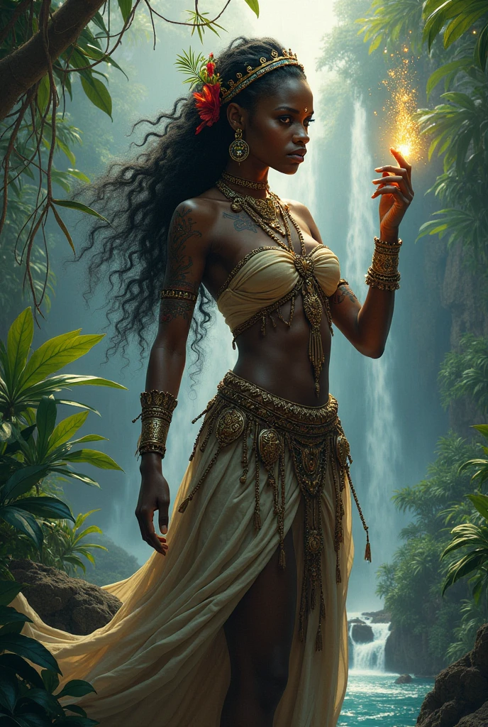 From the veils of the crystal clear waters of a waterfall rises Oxum, radiating its exuberant beauty. Her black skin, wrapped in a cloak of African ancestry, glows in the sunlight. Dressed in splendid costumes in the color of gold, she enchants with her splendor.
Her curly hair, black as night, cascades over her shoulders, festooned with golden props. A curtain of strands of golden beads covers his eyes, adding a touch of mystery to his divine presence.
In his delicate hand, Oxum holds a mirror of intense brilliance, reflecting the purity and perfection of his being. Around him, the waters of the waterfall fall gently, creating a translucent veil of glowing droplets.
In the serene atmosphere of the scene, nature displays its deep generosity. The lush green of the forest surrounds Oxum, while yellow flowers bloom in his honor, exuding a soft, enveloping scent.
In this solemn image, Oxum personifies feminine divinity, love, and fertility. His unique presence conveys a sense of tranquility and serenity, inviting contemplation and connection with the sacred. She is the embodiment of strength and sweetness, the goddess of fresh water who brings with her renewal, love and prosperity.