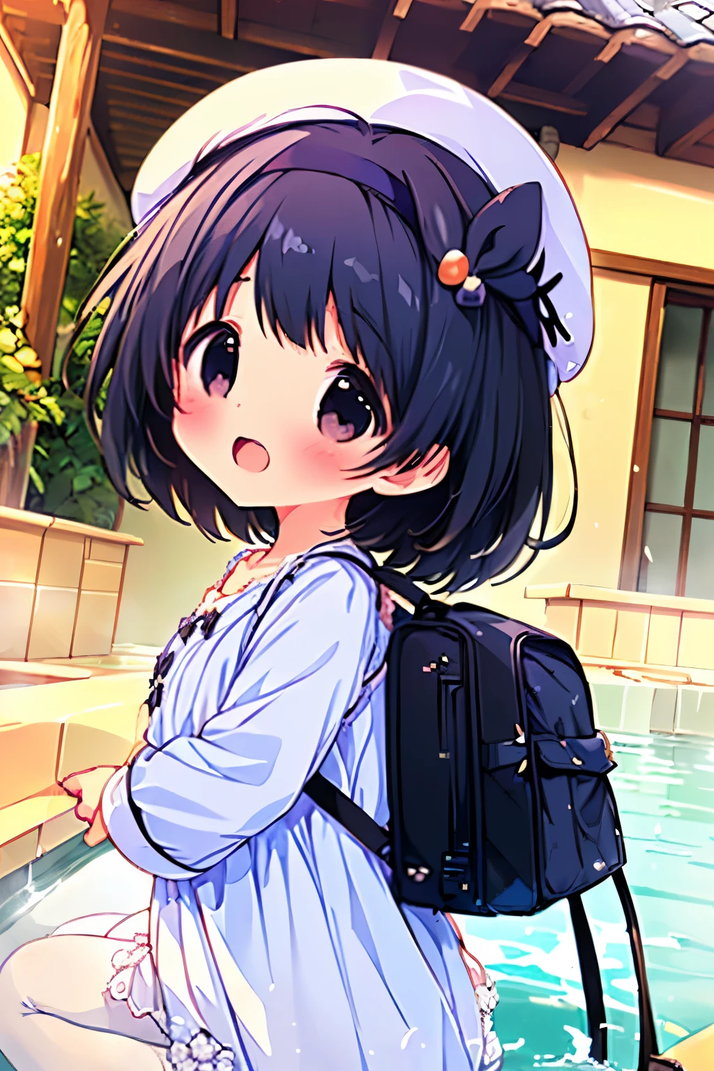 anime、 pastel、(Girl、ergarteners:1.8)、Cute Asian 、( very short、 Litt、 、Baby Face、ir mouths and laugh、Happy smile、 teeth、 double teeth、 black hair、 braided short 、small side tail、 Flower Hair Ornament、 blue eyes、 cute eyes、 wide open eyes、 Clear Eyes 、Soft cheeks、( bathing、 white camisole dress、 white tights、 beret、 backpack:1.7)、( whiplash thighs:1.4)、Cute Girlfriend、happy、really like、Innocently excited、Heart on screen、Pear-shaped、hot spring、Enormous Breasts(長く伸びた重く big size、 big size:1.5)