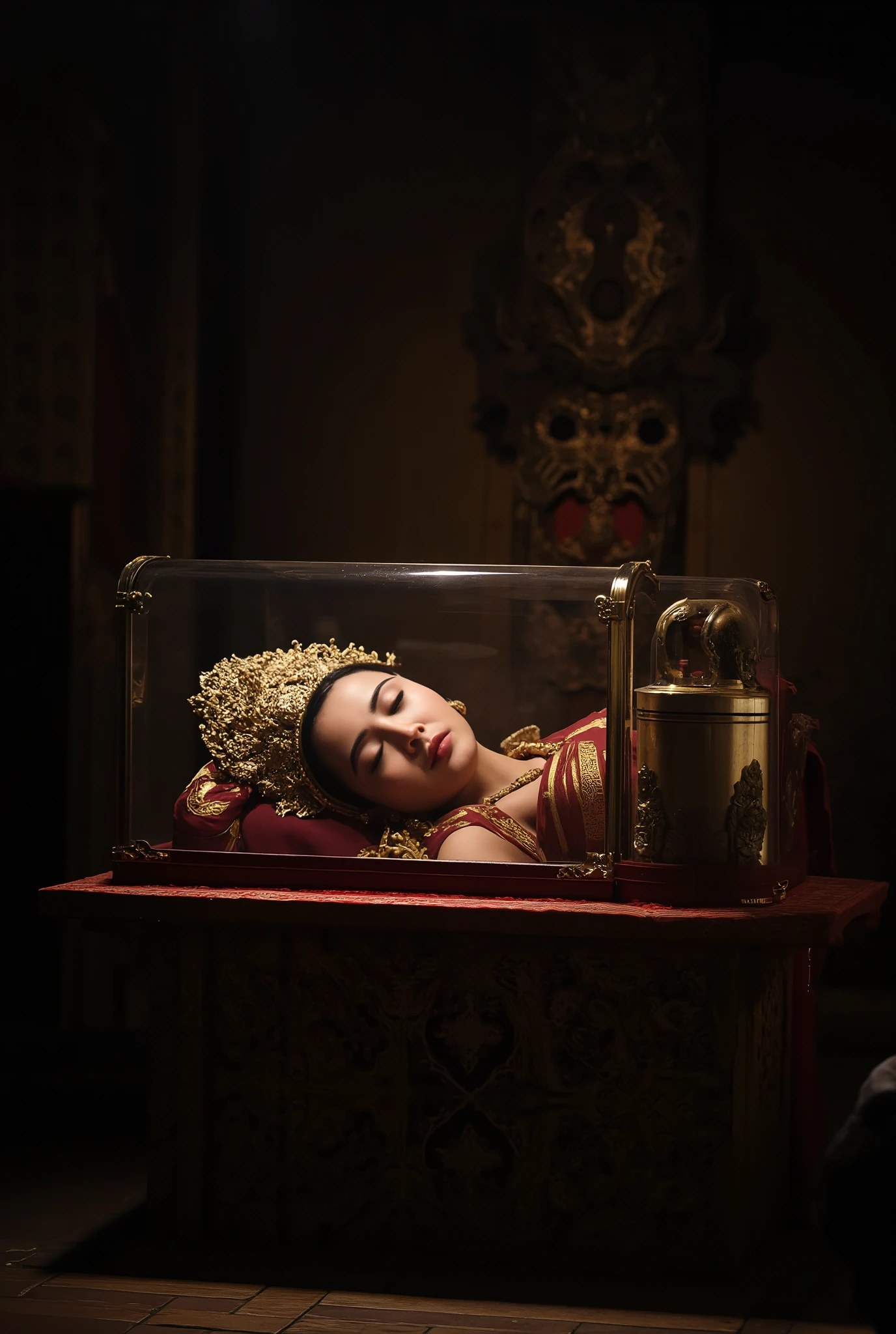 a beautiful thai woman, 30 years old, sleeping in a glass casket on an ancient asian temple altar, wearing an ancient thai princess dress without a shirt, detailed face, intricate headdress, dramatic lighting, dark moody colors, cinematic movie picture style, (best quality,4k,8k,highres,masterpiece:1.2),ultra-detailed,(realistic,photorealistic,photo-realistic:1.37),dramatic lighting,chiaroscuro,highly detailed face and eyes,long eyelashes,full lips,sharp focus,vivid colors,moody atmosphere