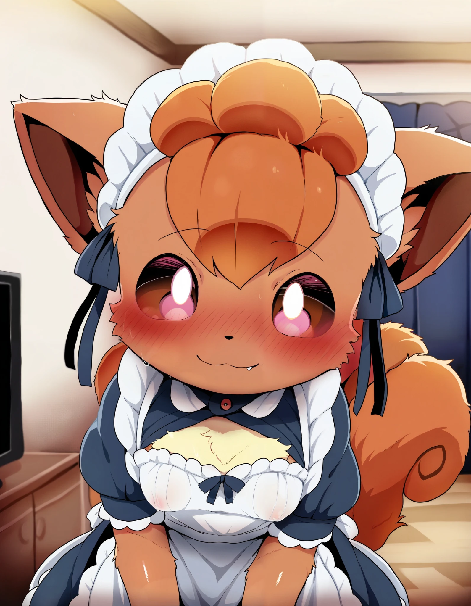 questionable, dagasi, body fur, anthro, (furry, anthro:1.2) (detailed fluffy fur), solo, furry female, pokemon (creature),,vulpix , cute, ,pokemon, (small breasts), ,cute, cute eyes, cute head), (beautifully detailed face, oily shiny skin), (detailed eyes, sharp eyes, clear pupils:0.8), masterpiece, happy, hands empty, smile,mouth, background living room,house,dressed, wear maid outfit,