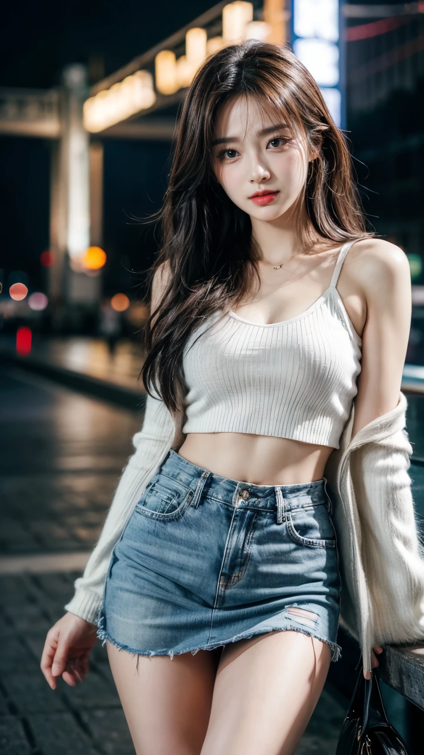 (( best quality , 【8k, Masterpiece: 1.3)), focus: 1.2, Green Red Flag Robe , 8k Ultra HD ,Masterpiece, RAW format photo , Best Picture Quality ,extreme details(1.2): Realistic Reproduction ,Extremely detailed CG unified in 【8k resolution,【8k diamond-level delicacy and wallpaper-like visual impact, with depth of field 、 Layered Light Shadow Effect 、 Lens flash 、 Light tracking technology (Stunningly beautiful face 、 Beautiful Lips、 Beautiful Eyes ), Extremely exquisite facial detail ( Extremely Delicate Skin ) — depicting a Korean female model , Exquisite delicate eyes in the dark night , In a deep shadow , Charming Korean girl , as a Korean pop idol ( Extremely slim and tight :1.3), Shows from the viewer's point of view , Purple Vest 1 .5, Short Denim Jacket 1 .5, Low Waist Denim Mini Skirt :1.5, The cut of the short clothing , night view of the city,neon lights, a beautiful Korean girl in a dark night atmosphere, Pearl Stud Earrings 、lace stockings,Clear and bright eyes, walking posture , Skin Whiteness, Direct vision camera front , Big Eyes Charming (上半身close up),close up, The overall image is extremely thin 、Slim Elegant , Black Mini Pleated Skirt , She looks like actress Kim Hyun