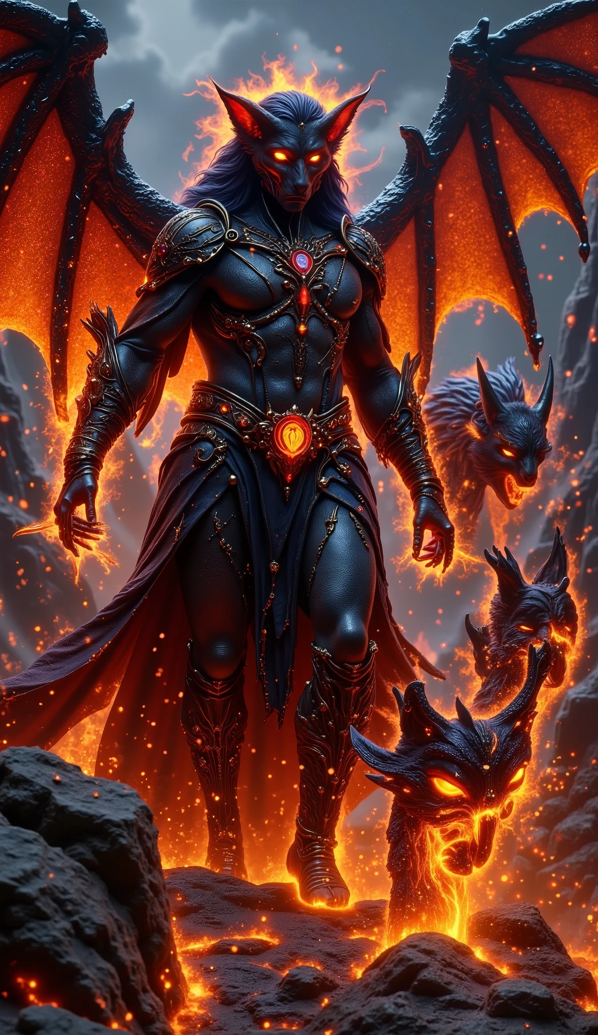 Greek – Hades & The Infernal Cerberus
"From the depths of the Underworld, Hades emerges, his obsidian armor glowing with the fires of the dead. Beside him, a humanoid Cerberus, its three flaming heads roaring with unearthly fury, guards the gates of the underworld. The River Styx glows with an eerie light as souls tremble in their presence."