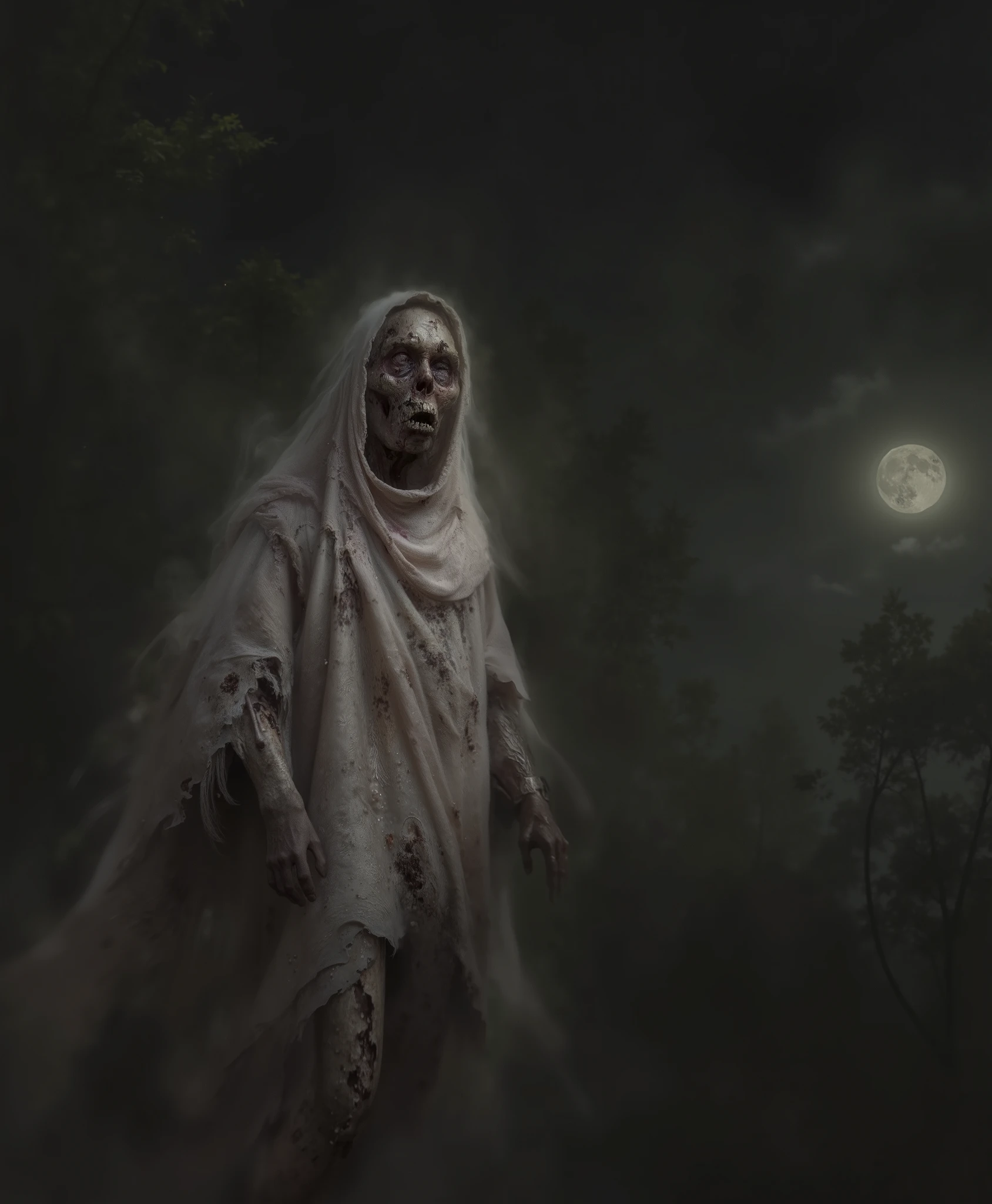 An Indonesian ghost known as 'Pocong', wrapped in a traditional white burial shroud, with a horrifying decayed face covered in deep wounds, cracks, and crawling maggots. The ghost is depicted in a dark, misty forest with faint moonlight illuminating its grotesque features. The atmosphere is eerie and spine-chilling, evoking fear and mystery, with shadows and fog adding depth to the haunting scene.