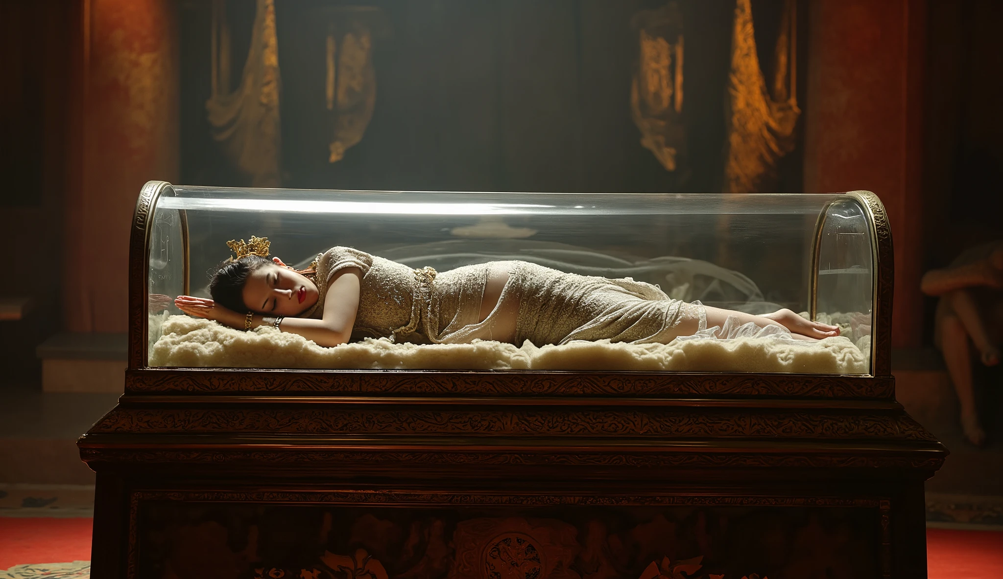 thai woman, 30 years,beautiful, wearing an ancient princess dress with ornaments, no shirt, sleeping in a glass coffin, resting on a ceremonial pedestal.,Inside an ancient asian castle , movie picture style