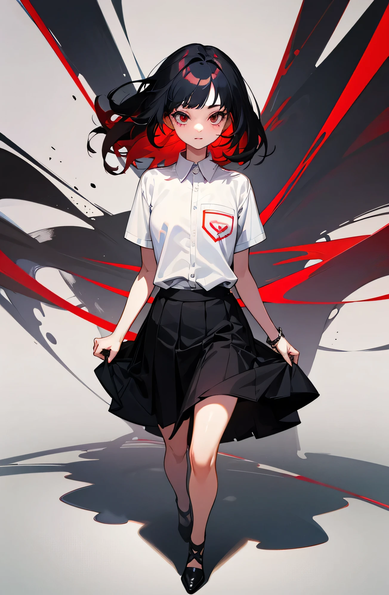 (Highest quality、masterpiece:1.2), ((Mature Woman)) Black Hair, short hair、Red inner hair、Red eyes, Sharp Eye、(tie,White shirt, Pleated skirt、choker、Roll up your sleeves), Earrings,