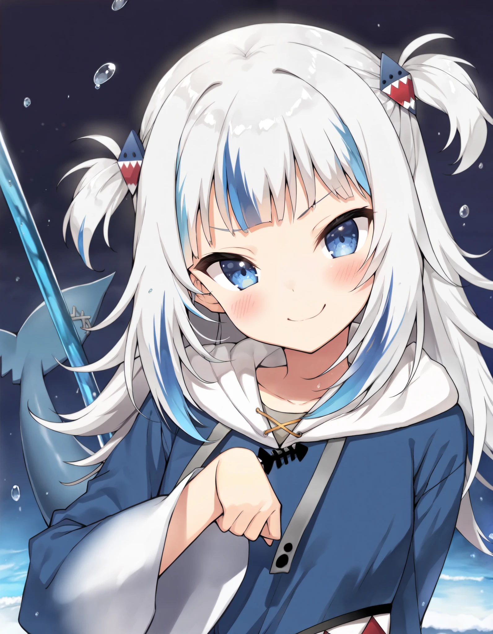 anime, (best quality),(highly detailed),((masterpiece)),((best quality)),(ultra-detailed),((extremely detailed)),(high resolution),,best quality,(beautiful),(dynamic lighting),(super detailed skin),sharp focus,(masterpiece:1.2),best quality,very aesthetic),masterpiece,best quality,very aesthetic,1girl,BREAK gawr gura,virtual youtuber,blue eyes,shark hair ornament,multicolored hair,blue hair,two side up,grey hair,smile,