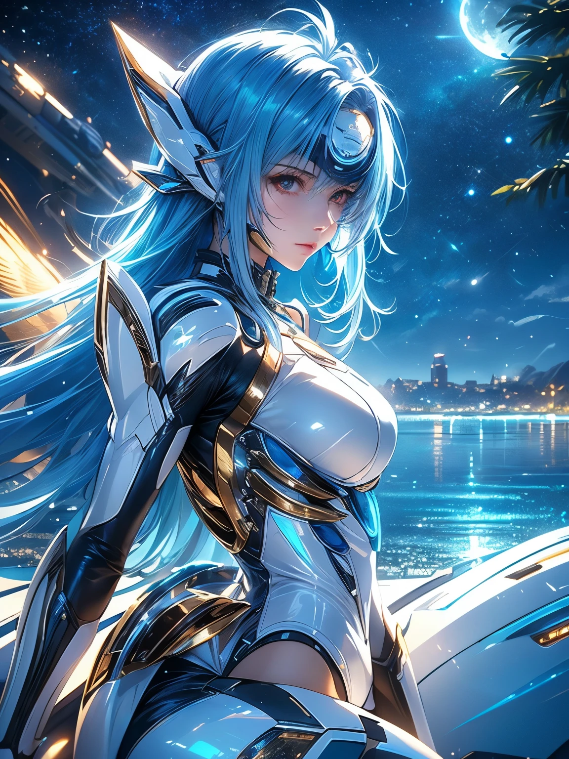 Full body KOS-MOS , score_9, score_8_Excellent, score_7_Excellent, 32K ,(( Ultra Real Details ))、shadow、 octane rendering 、 ultra sharp、 highly detailed faces at a pachinko parlor 、light blue hair、 straight hair, SHINY AND CLEAN HAIR 、 White Shiny Skin 、 sexy cyberpunk girl 、 fiberglass 、Light emitting tube、 Extremely Complex Details 、 real light 、 CGSoation Trends、(( golden eyes))、Neon Details、 Mechanical Hands 、 mechanical spine attached to the back、mechanical neck worn around the neck 、 head 、 Space Background Radiation 、 rat path section、(( Valkyrie ))、(( Dramatic Graphic Backdrop :Starry Sky ,Moonlight rays, Huge Moon、Dynamic ocean background))(( top quality)),( super high resolution),( Super Detail)