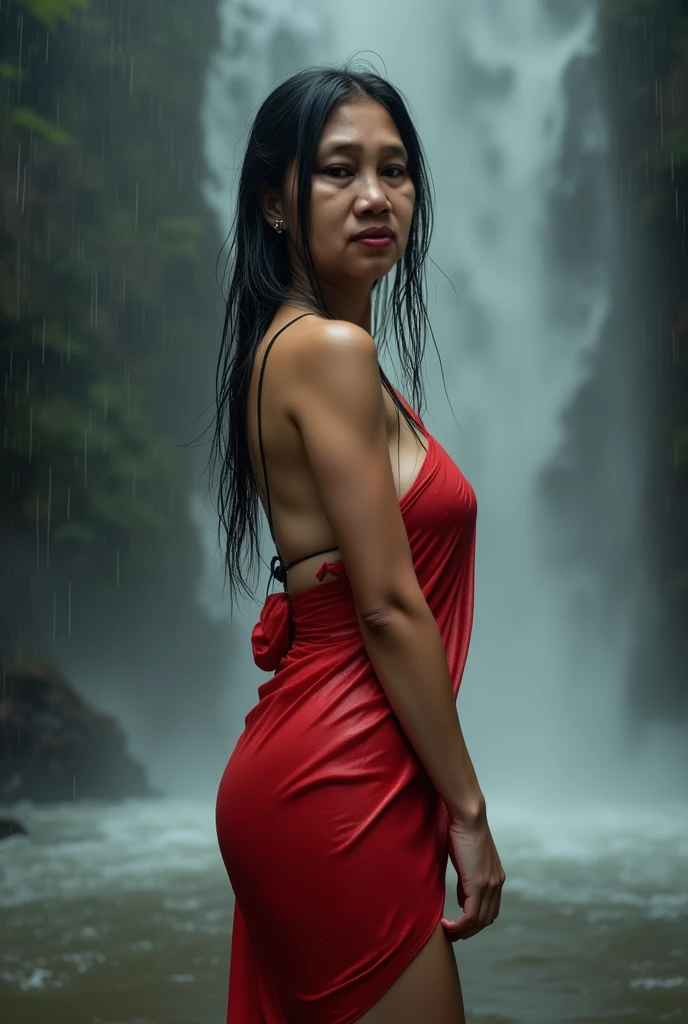 RAW, Best quality, high resolution, masterpiece: 1.3), beautiful Arabian woman, Masterpiece, rain, perfect wet soaked body, wet clothes, (huge breasts:1.3), cleavage cutout, open breast, black chignon hair, open stand, realistic, dark hairy pussy, Soft smile, thick thighs, she is about 20 years old, pale white skin, wearing a sexy red sarong short dress, erotic pose, ass up, ((whole body)) turning away facial at viewer, closeup, heavy mountains, misty, fog, woman standing in the waterfall,