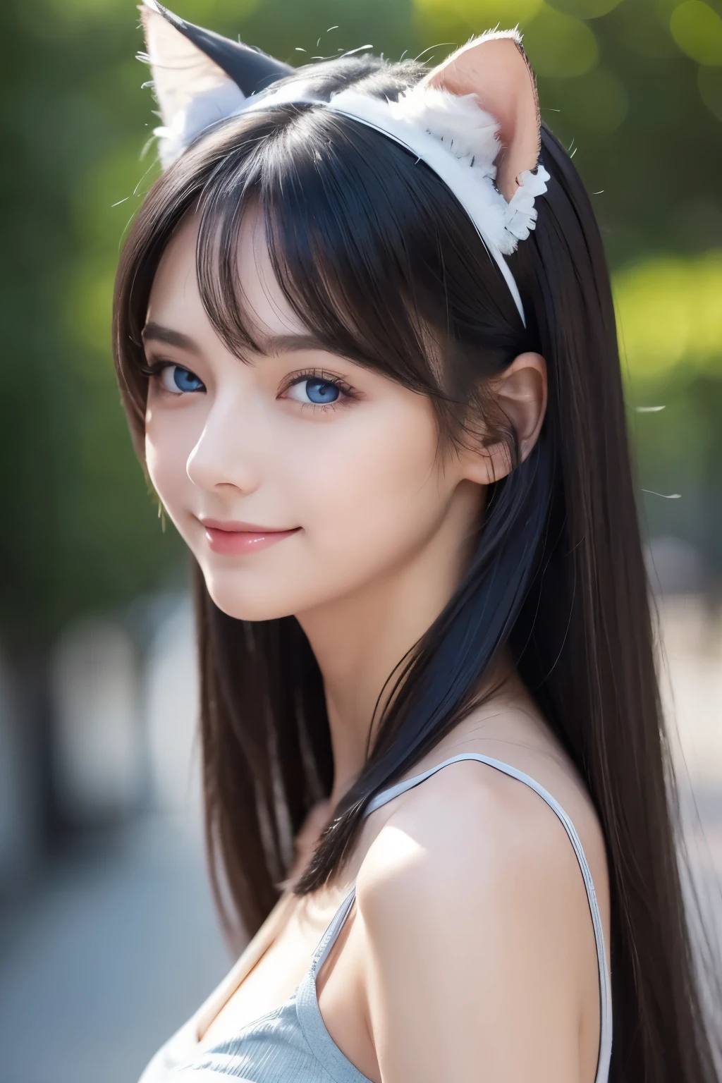 ( masterpiece : 1.2, top quality ), (original photo, detailed information about dark black hair), 1. Lady , Alone , upper body, casual , hair that reaches the shoulders , minimal makeup , Natural Fiber , Face close-up , smile , home, gray hair , blue eyes , cat ears ,