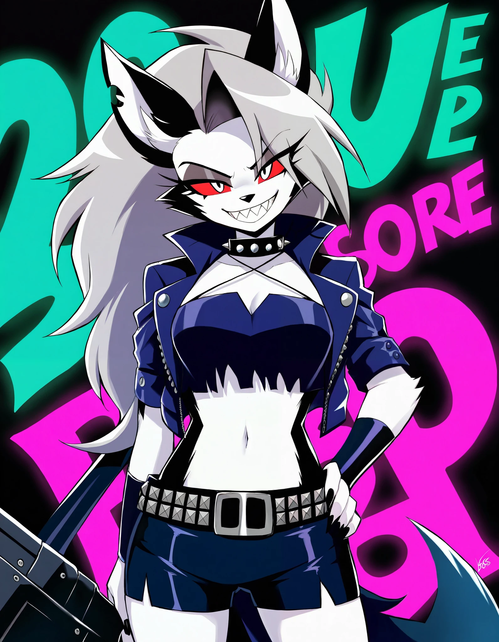 loona \(helluva boss\), helluva boss, 1girl, solo, traditional media, safe, epic, sharp teeth, grin, detailed, cowboy shot, neon background, text LOONA in the background, very awa, masterpiece, best quality, high quality, newest, recent, year 2024, absurdres,